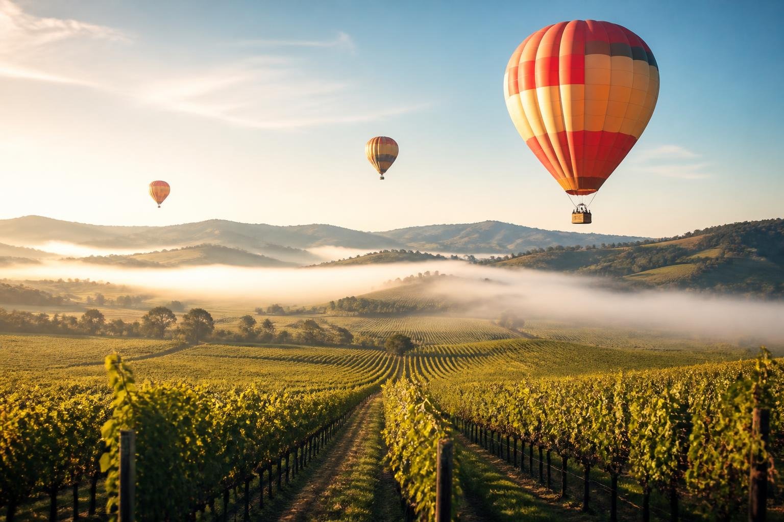 Globos aerostáticos sobrevolando viñedos de Napa Valley al amanecer