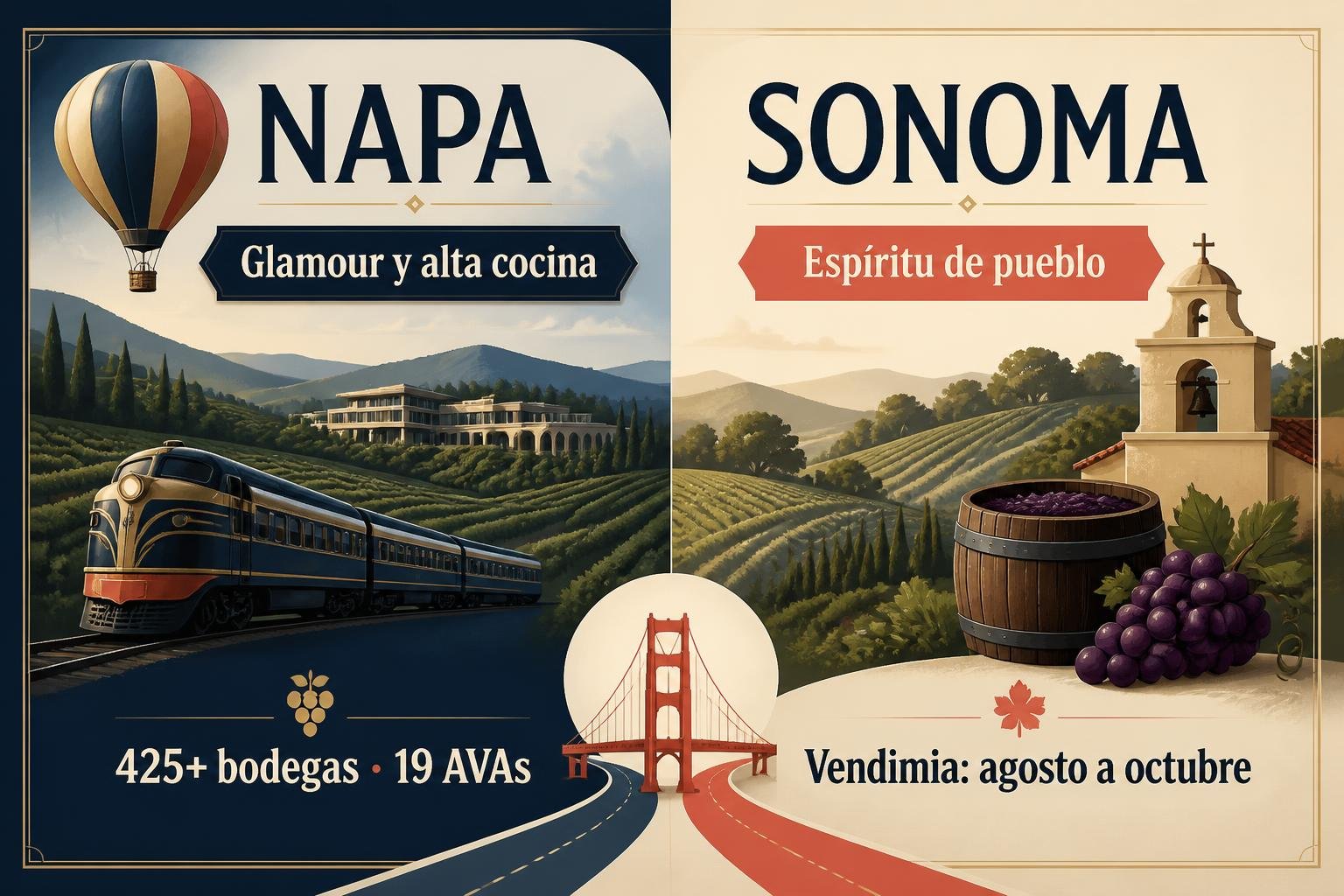 Infografía comparativa de los valles de Napa y Sonoma con sus datos clave