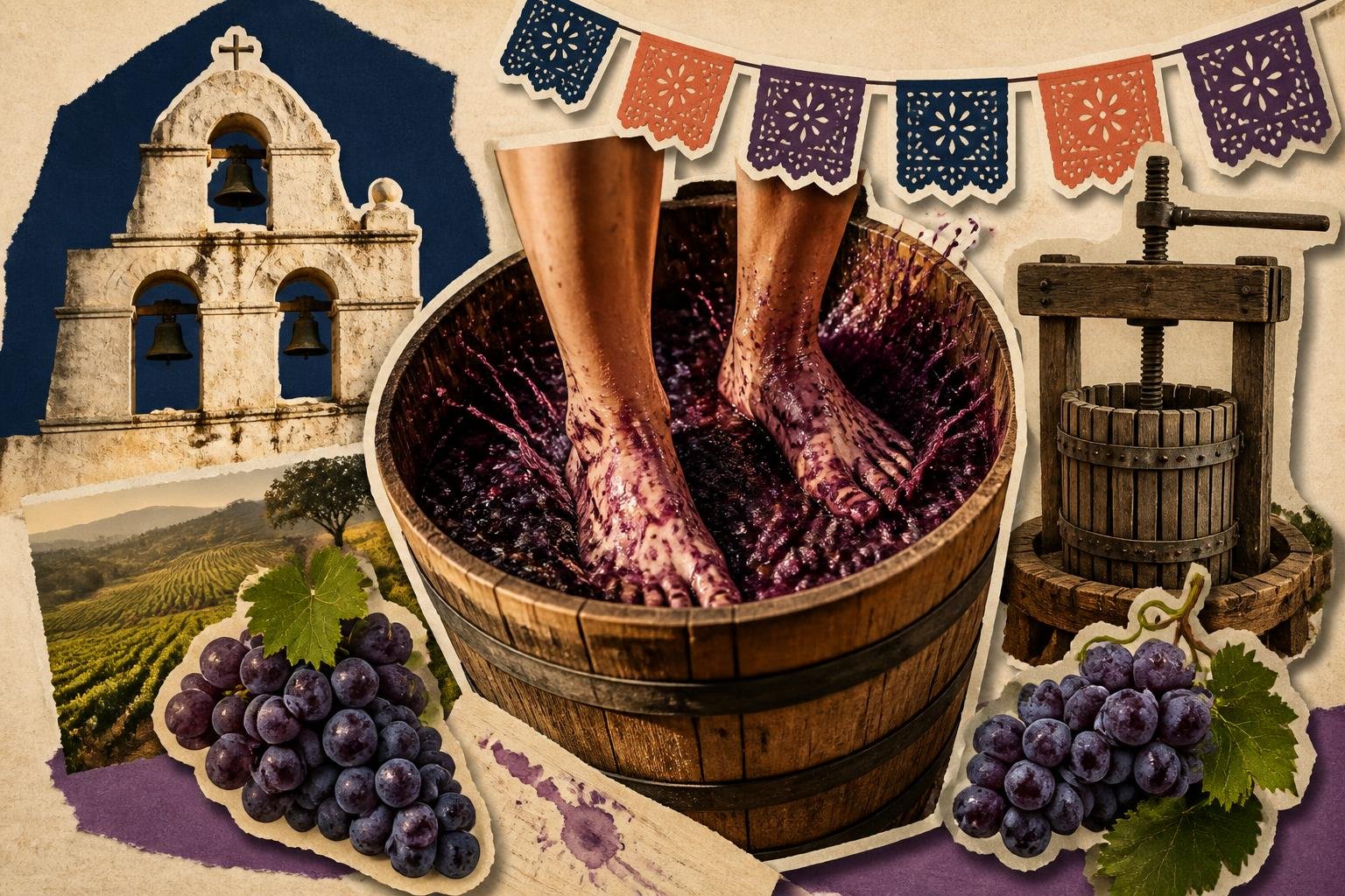 Collage editorial con las tradiciones de la vendimia de Sonoma: pisada de uvas, campana, prensa y copas