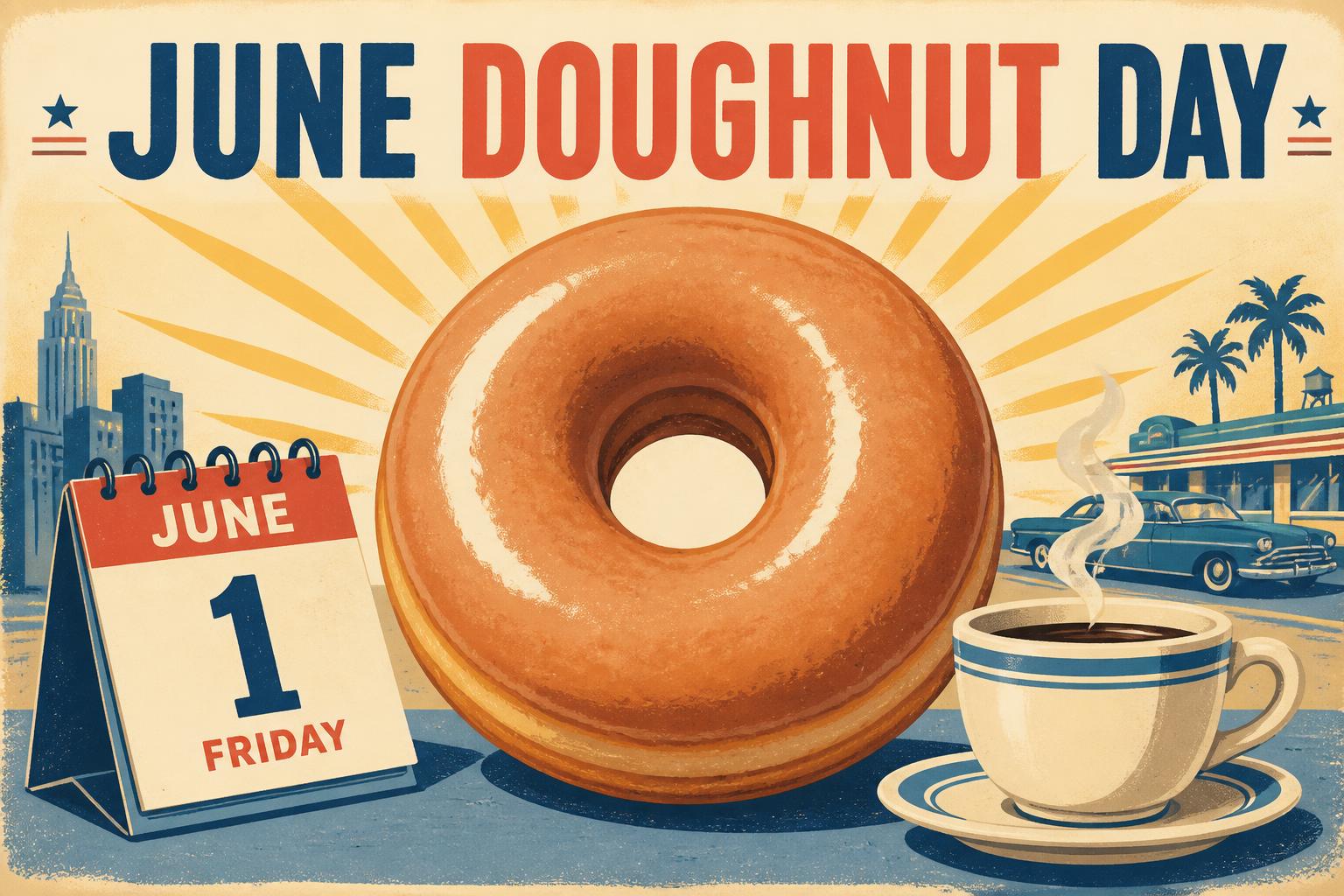Ilustración estilo afiche retro de viaje de los años cuarenta con una dona glaseada gigante sobre un fondo crema y rojo coral, tipografía vintage en inglés que dice "JUNE DOUGHNUT DAY", textura de papel envejecido
