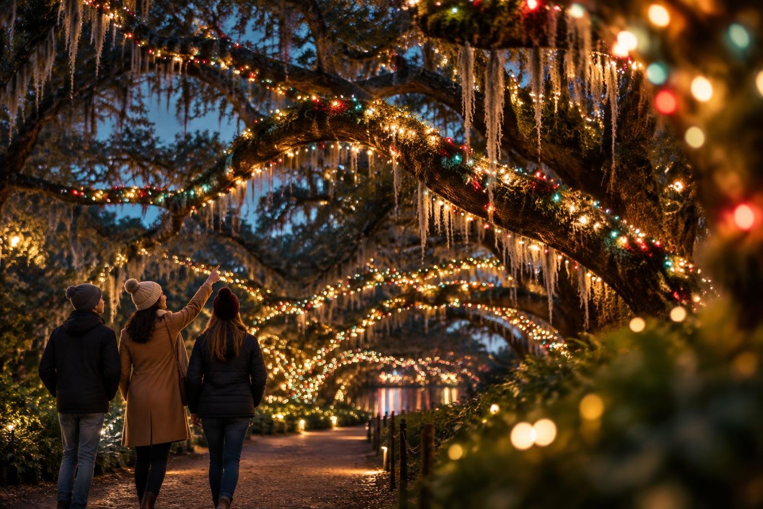 Robles centenarios del City Park de Nueva Orleans envueltos en luces durante Celebration in the Oaks, con una familia caminando por el sendero