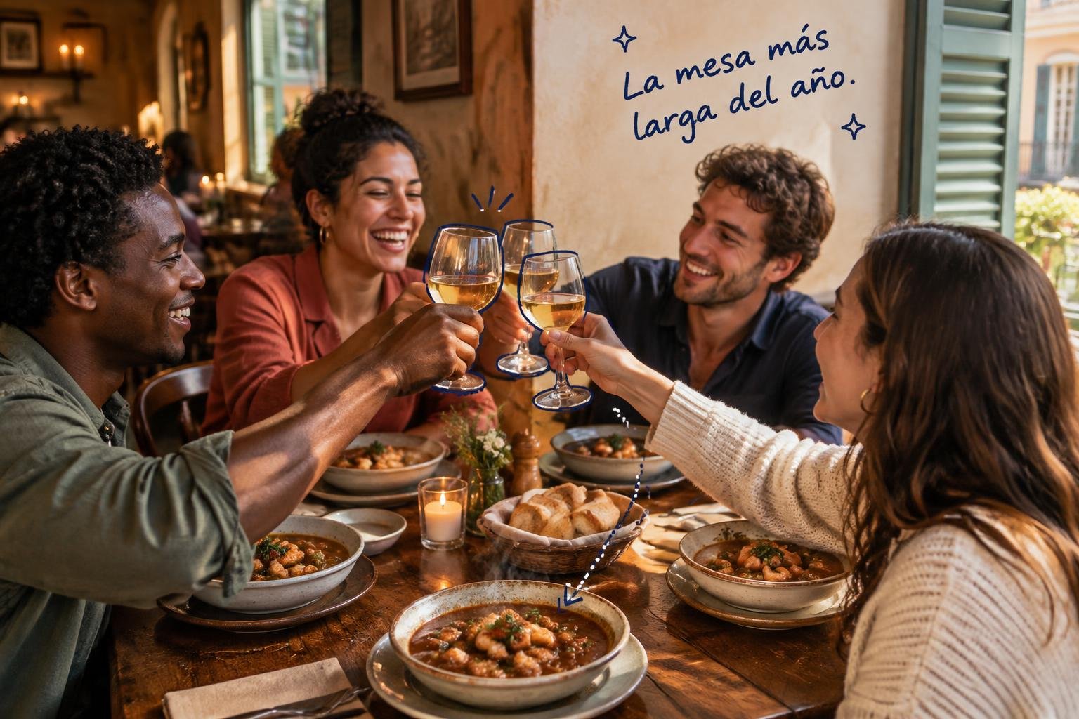 Mesa de una cena réveillon en un restaurante criollo del French Quarter, con platos de gumbo y amigos brindando