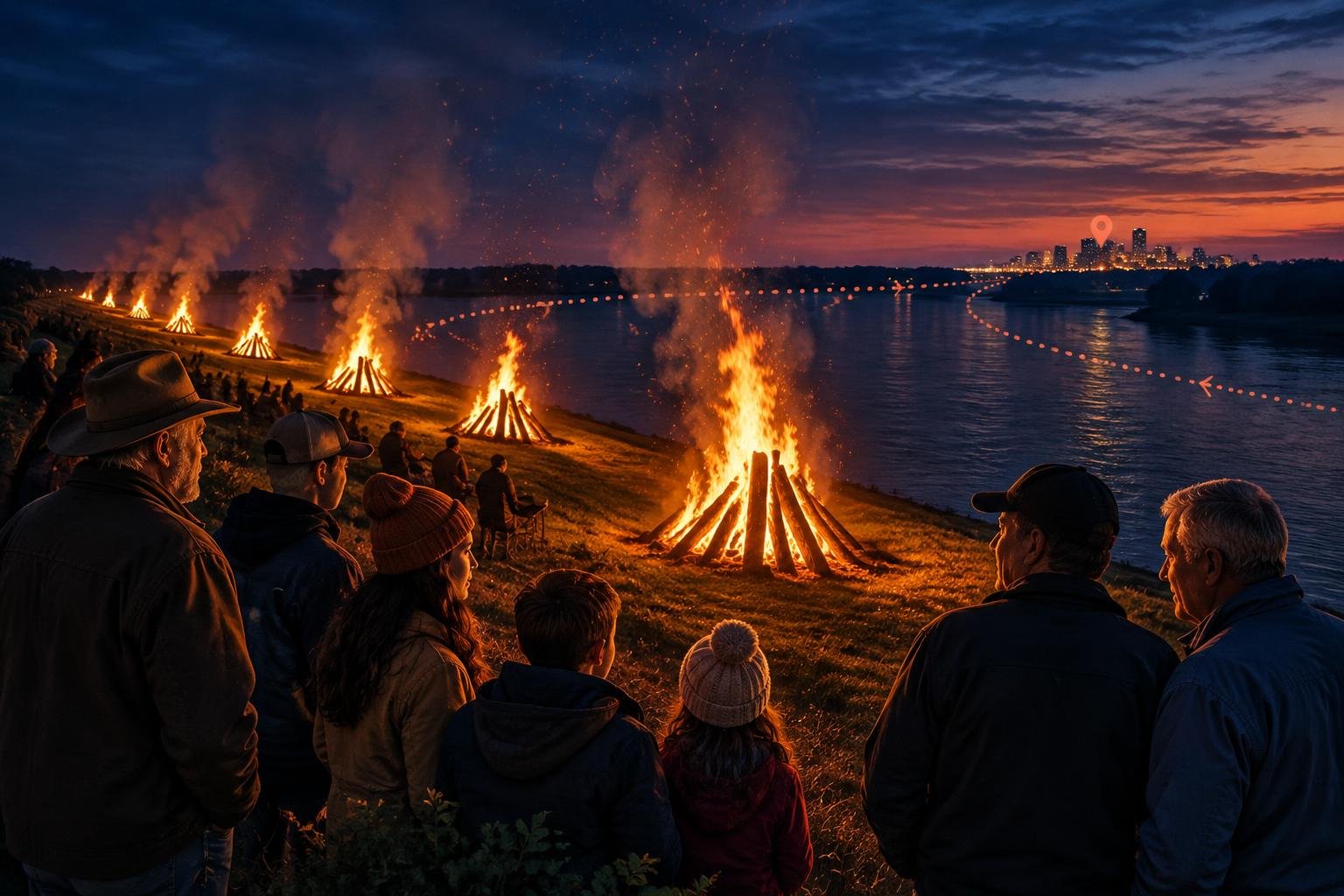 Fogatas de madera en forma de pirámide encendidas sobre el dique del río Mississippi en Nochebuena, con gente mirando desde el pasto