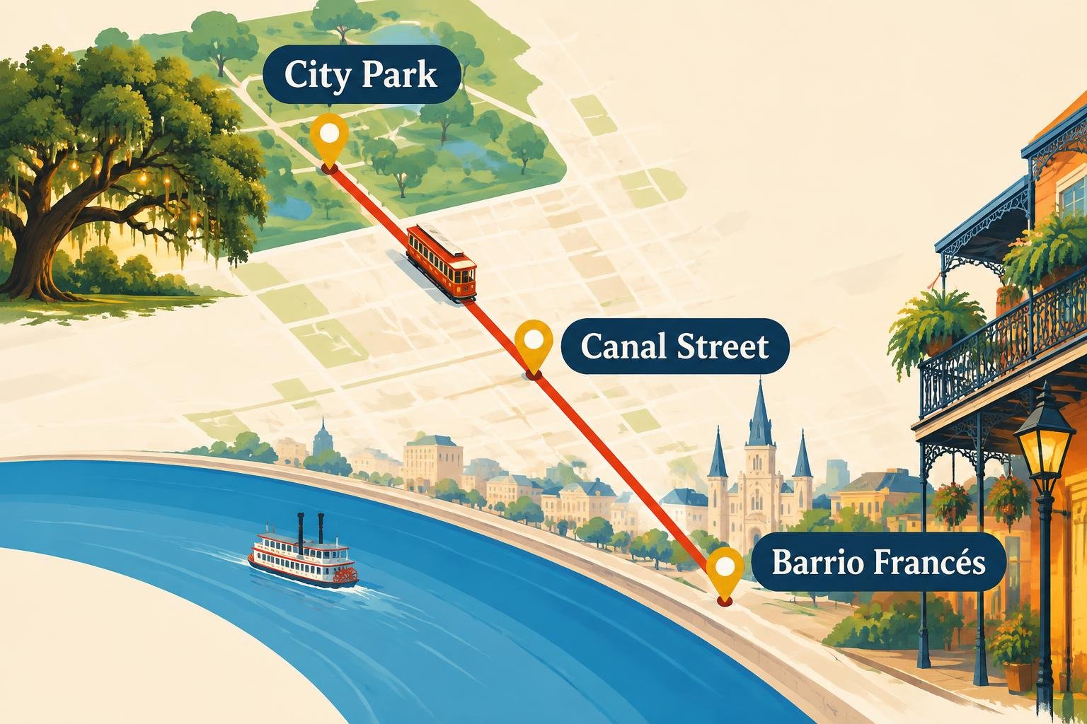 Mapa ilustrado del recorrido del streetcar de Canal Street hasta City Park en Nueva Orleans, con las paradas clave marcadas