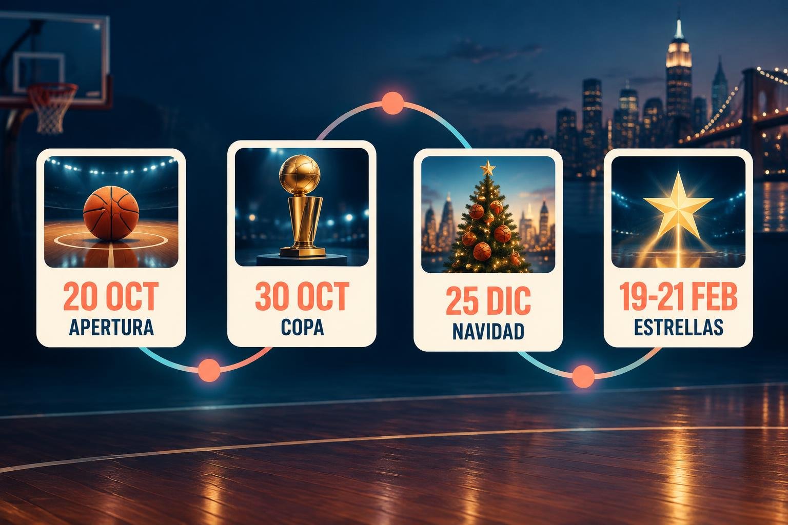 Infografía del calendario de la temporada de la NBA con la apertura, la NBA Cup, Navidad y el All-Star