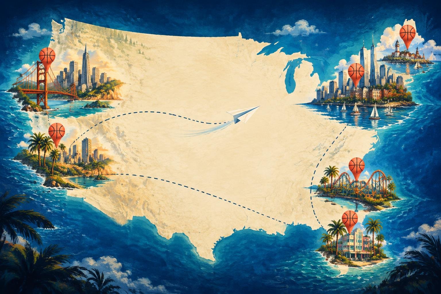 Mapa ilustrado de Estados Unidos con las ciudades turísticas que tienen equipo de la NBA