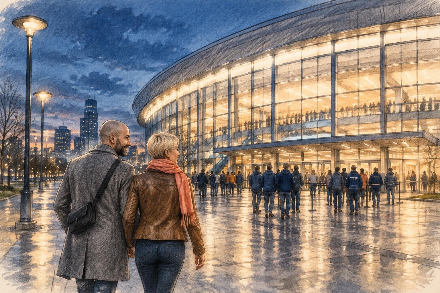 Pareja de viajeros llega de noche a la entrada iluminada de una arena de básquet en Estados Unidos