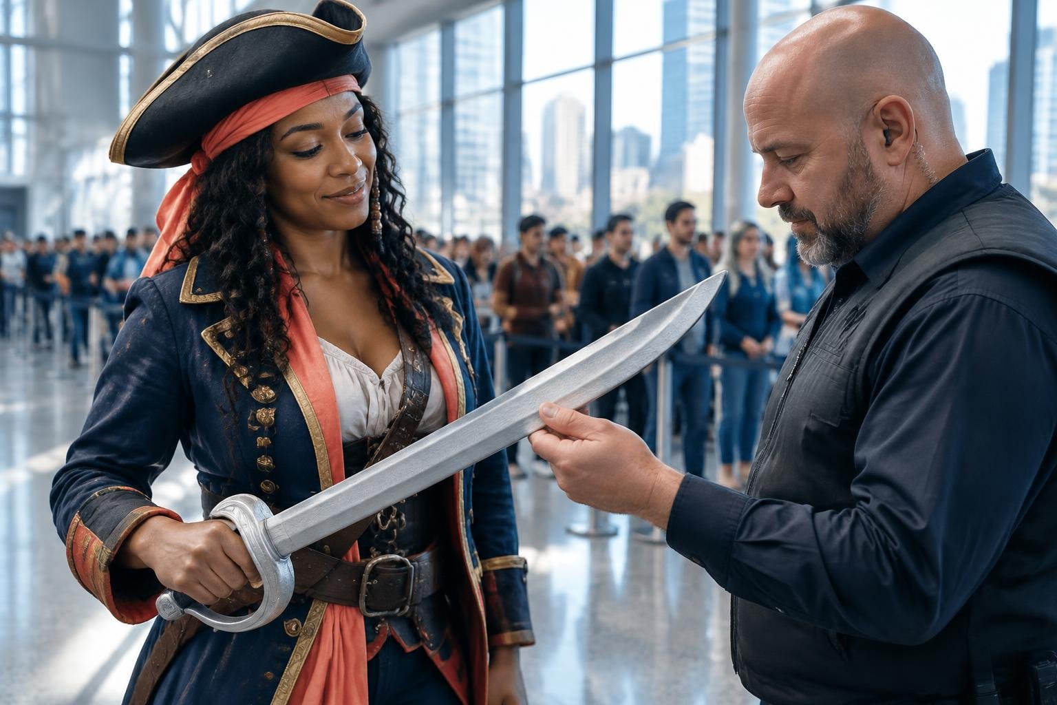 Cosplayer mostrando su réplica de utilería a un control de seguridad en New York Comic Con