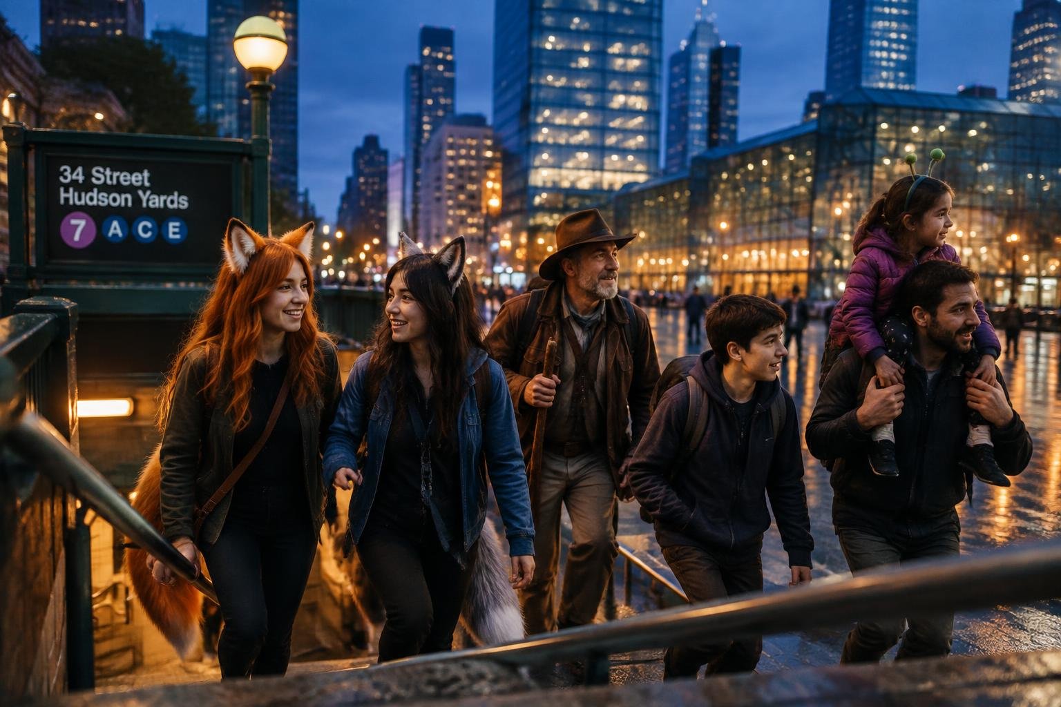 Fans saliendo de la estación 34 St–Hudson Yards del tren 7 camino al Javits Center