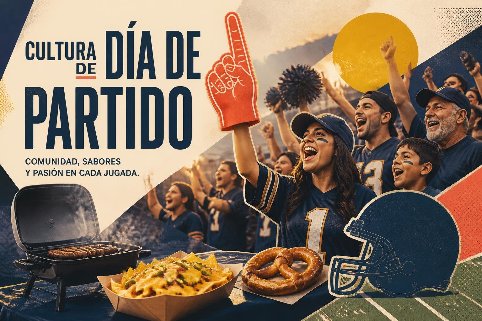 Collage editorial de la cultura del día de partido: parrilla del tailgate, dedo de gomaespuma, comida de estadio y una hinchada diversa