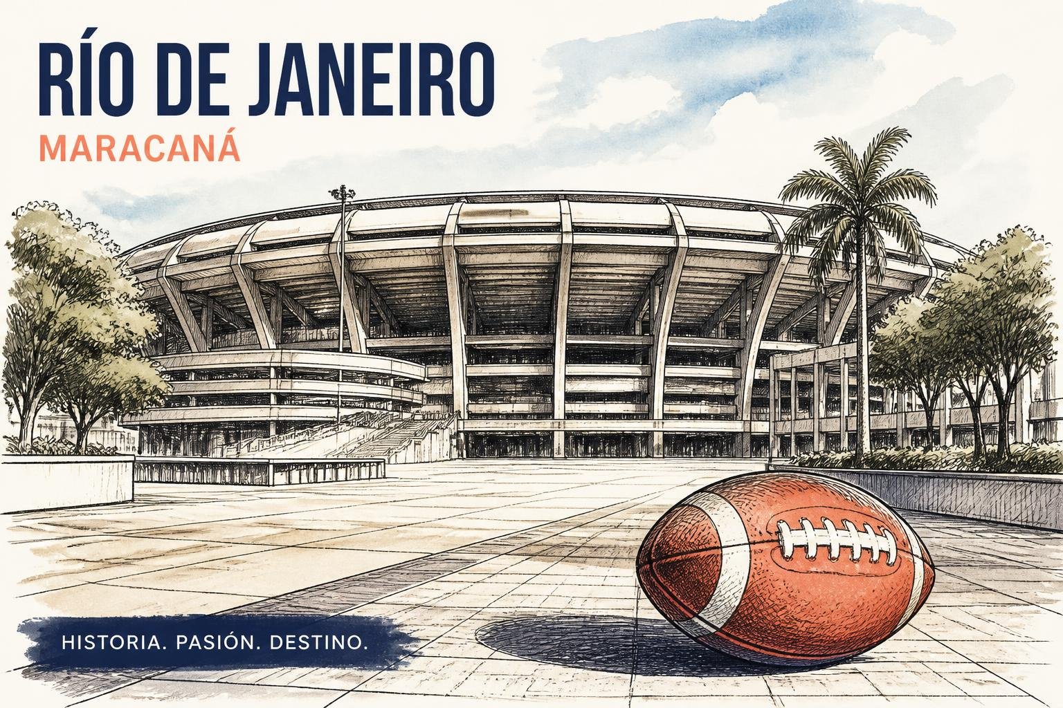 Ilustración a tinta y acuarela del estadio Maracaná visto desde afuera, con una pelota de fútbol americano en primer plano