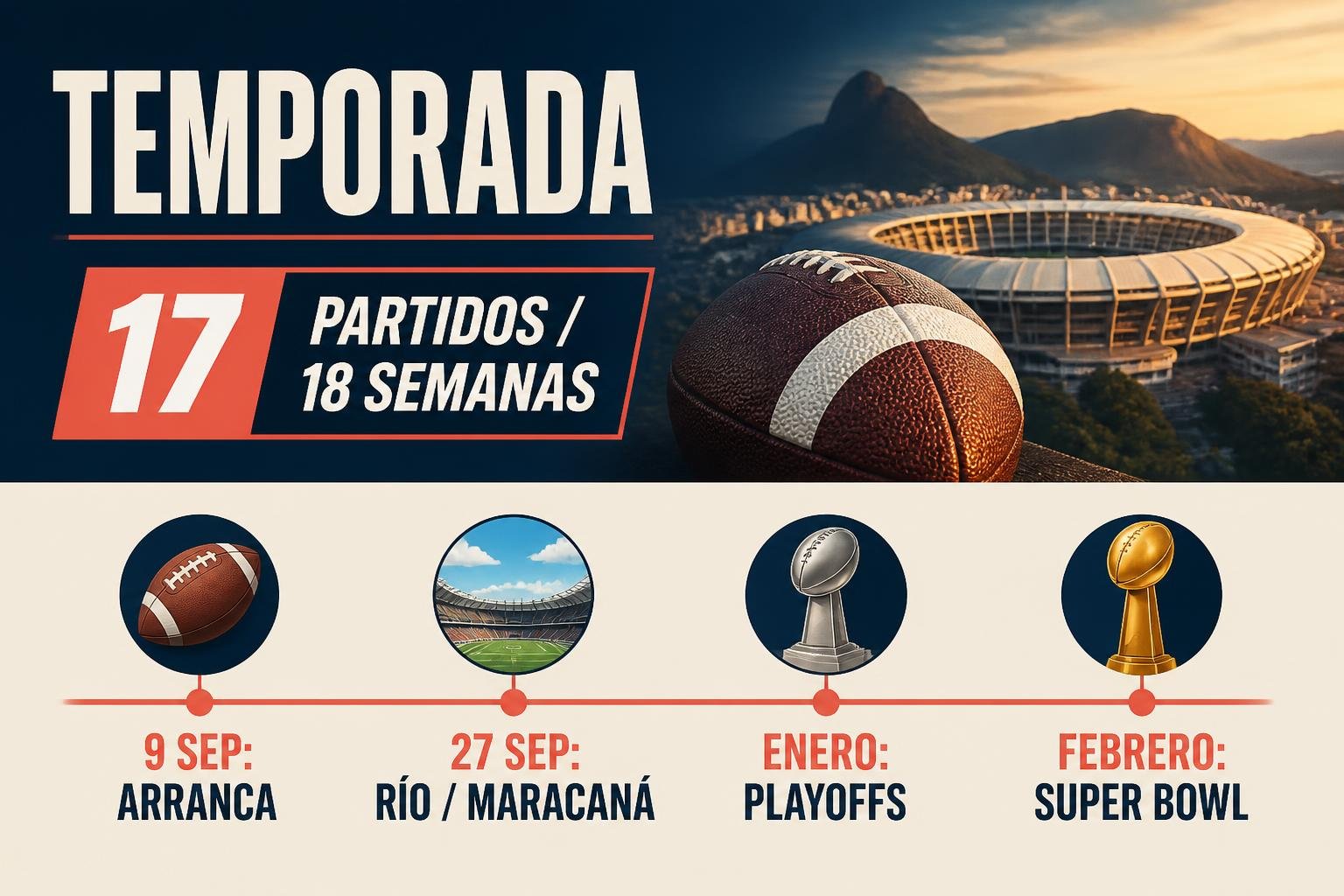 Infografía editorial con el calendario de la temporada de la NFL y los datos clave del partido de Río
