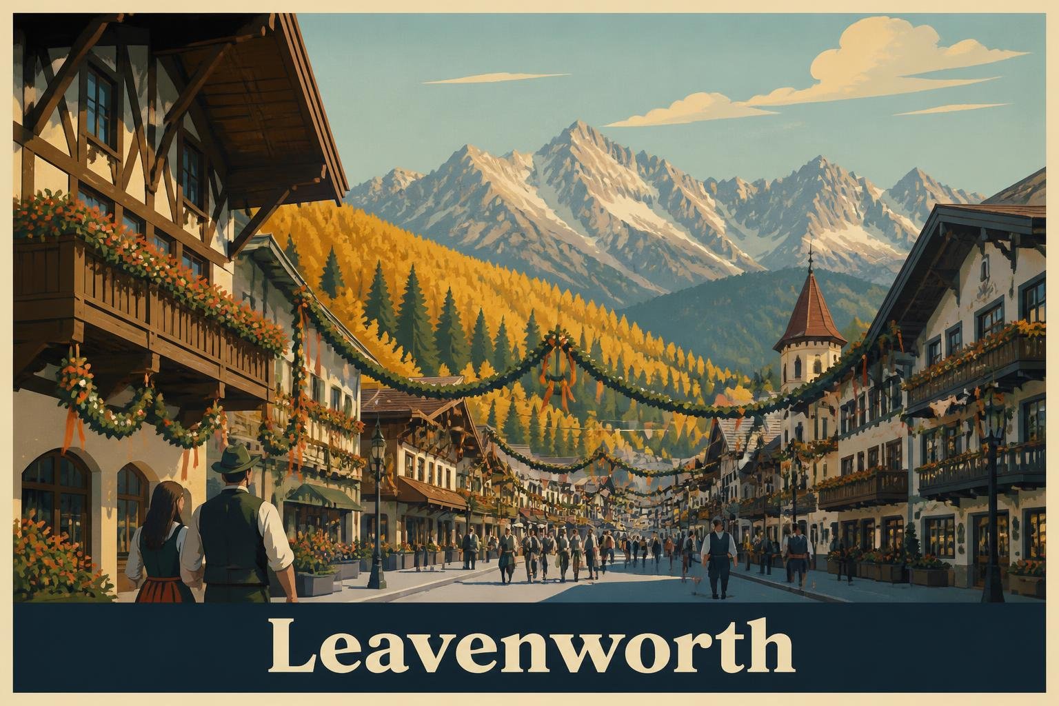 Póster estilo vintage del pueblo bávaro de Leavenworth entre montañas en otoño