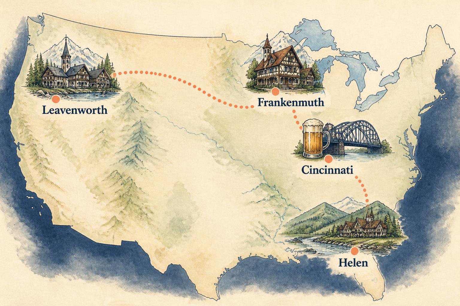 Mapa ilustrado de Estados Unidos con los cuatro grandes Oktoberfest: Cincinnati, Frankenmuth, Helen y Leavenworth