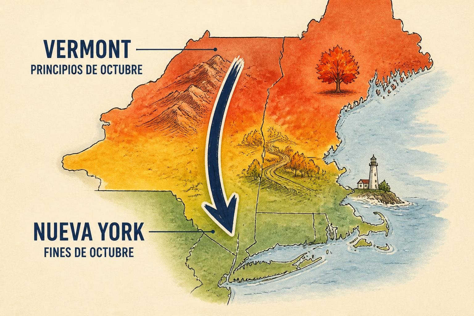 Mapa ilustrado del avance del color otoñal en el noreste de Estados Unidos, con el pico bajando de norte a sur entre principios y fines de octubre