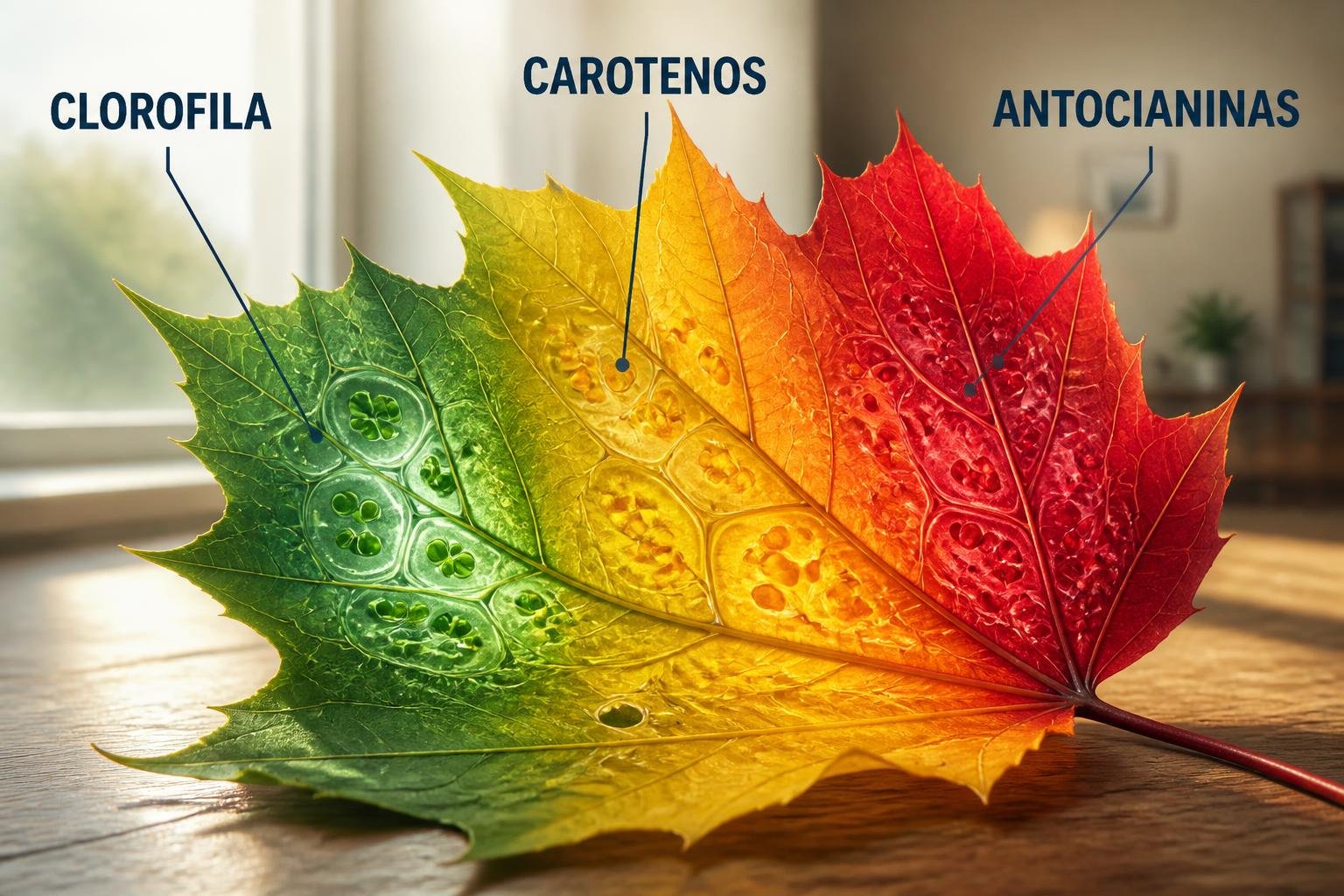 Ilustración conceptual de una hoja de arce cambiando de verde a rojo, mostrando cómo se retira la clorofila al final del verano