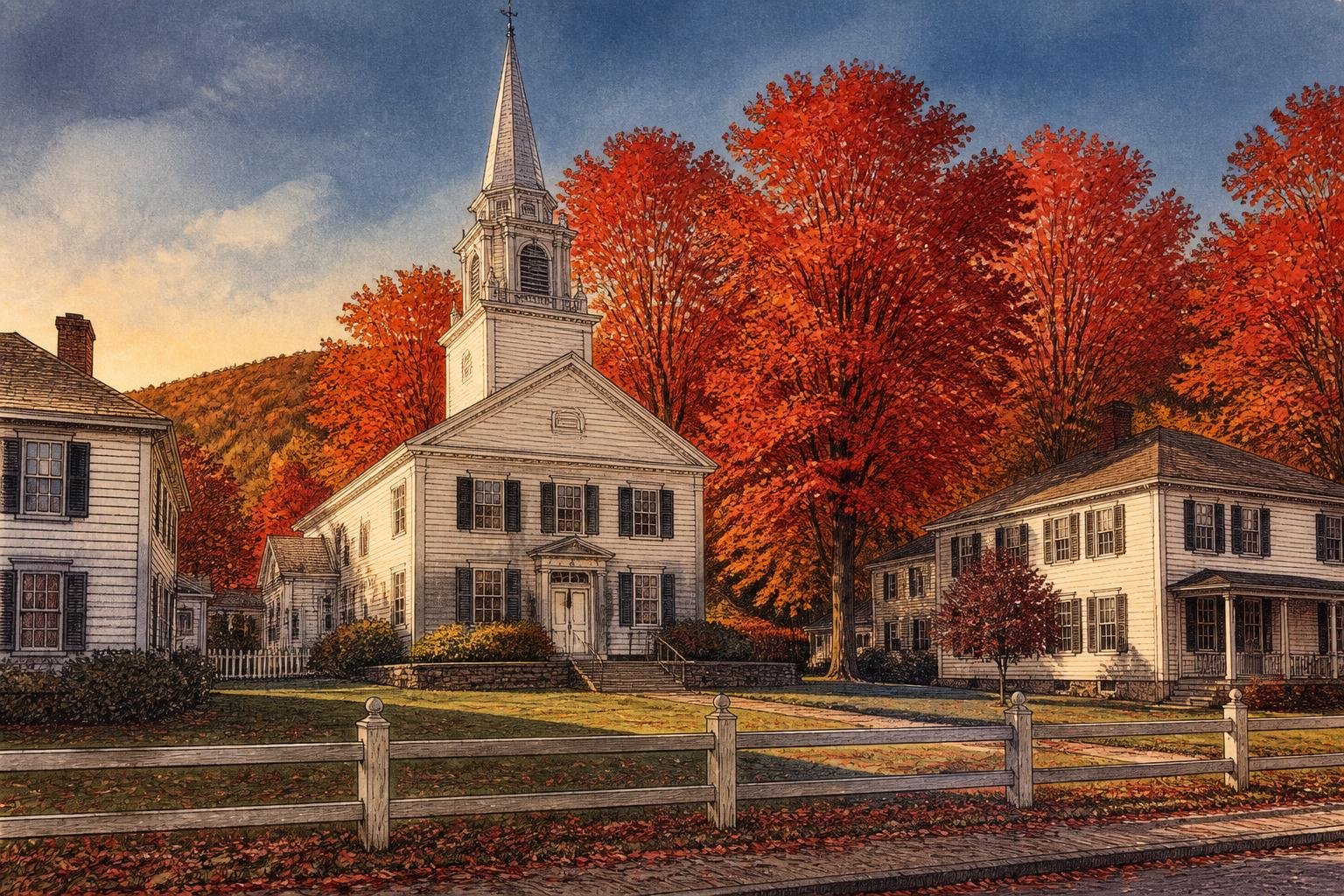 Ilustración de un pueblo de Vermont con campanario blanco rodeado de arces rojos y anaranjados en pleno otoño
