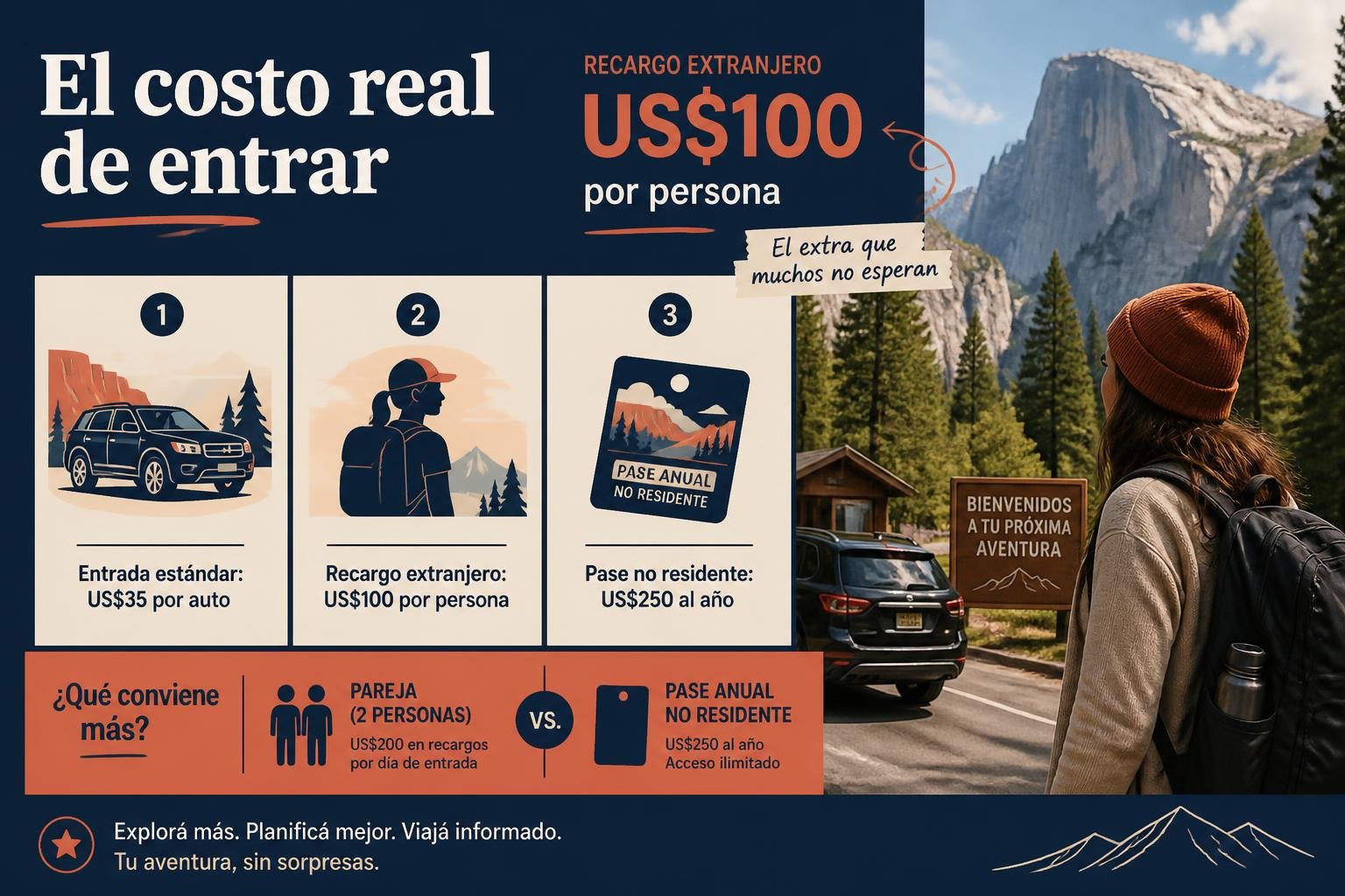 Infografía editorial en castellano que desglosa el costo real de entrar a los parques para un extranjero: entrada estándar de US$35 por auto, recargo de US$100 por persona, y la comparación contra el pase anual de US$250, con un número estrella destacado