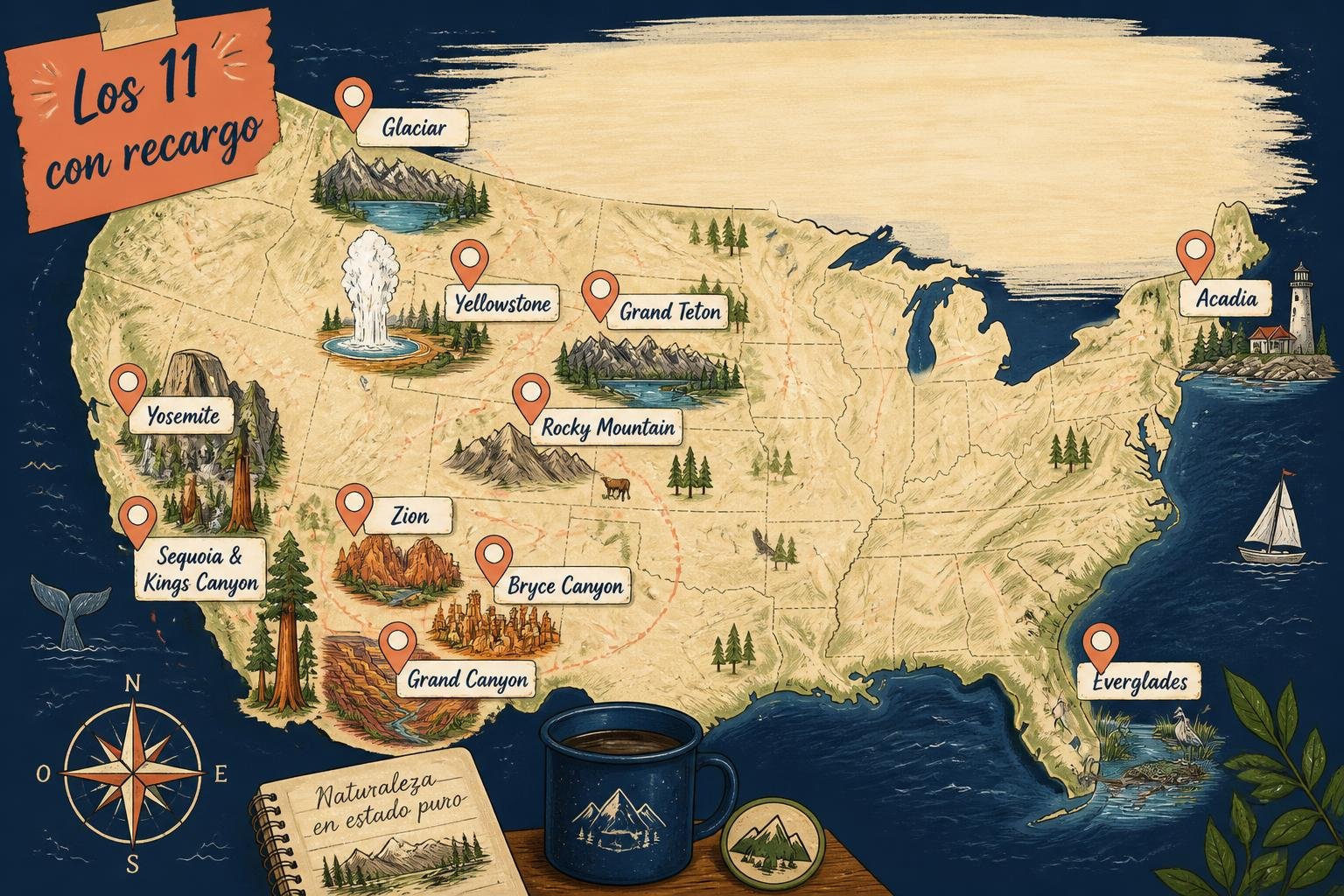 Mapa ilustrado de Estados Unidos con los once parques nacionales que aplican el recargo de US$100 marcados con pines: Yellowstone, Yosemite, Grand Canyon, Zion, Bryce Canyon, Grand Teton, Rocky Mountain, Glacier, Sequoia y Kings Canyon, Acadia y Everglades