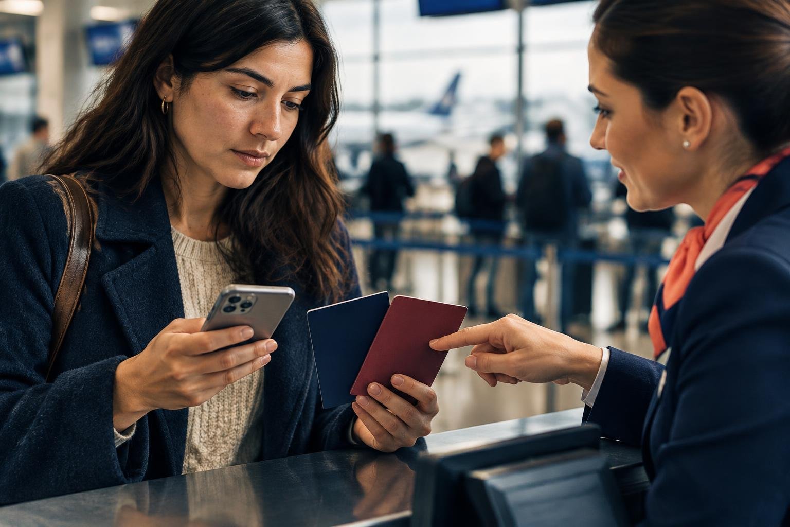 Viajera en un mostrador de check-in revisando cuál de sus dos documentos de viaje está asociado al ESTA