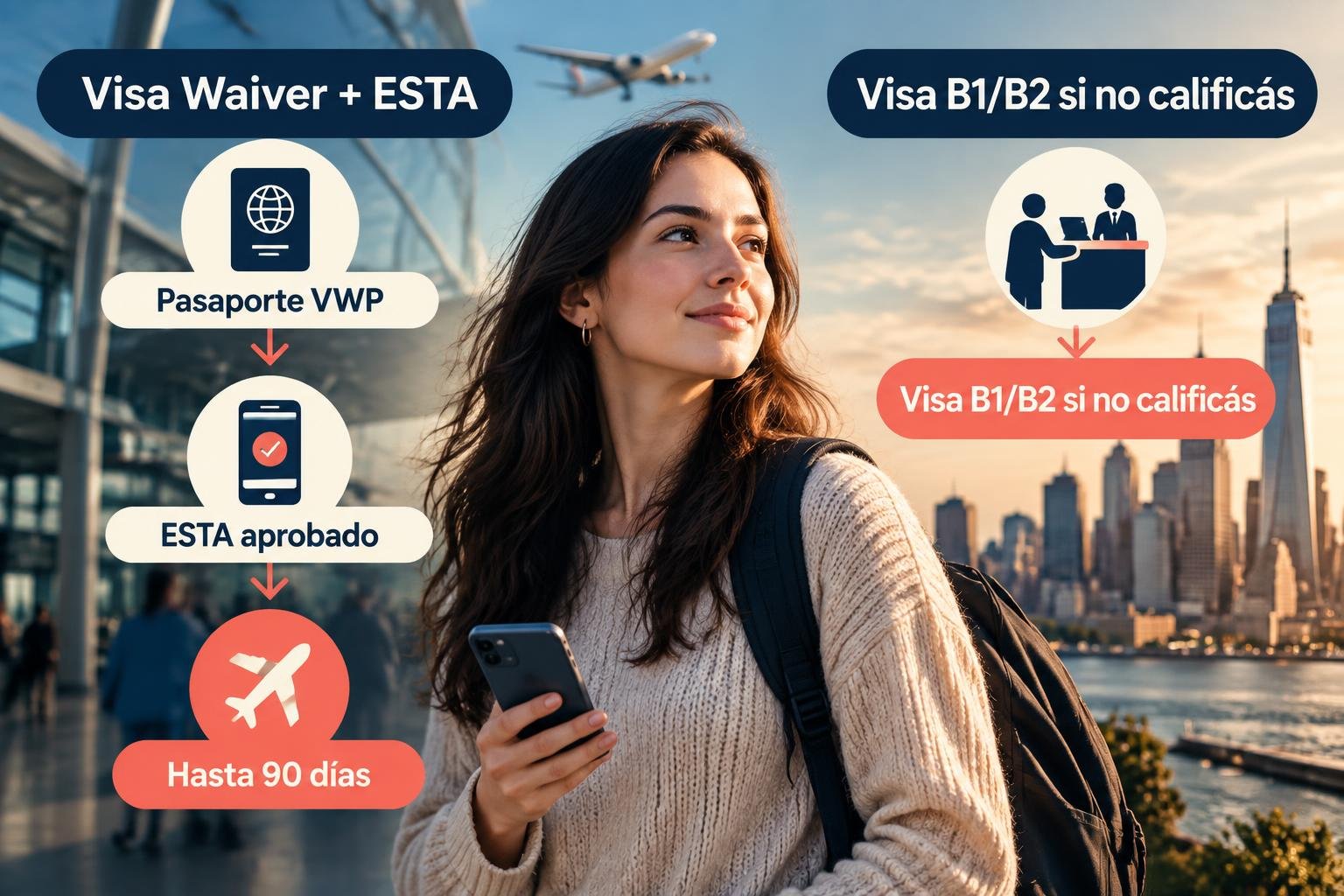 Comparación editorial entre la ruta ESTA y la ruta visa B1/B2 para viajar a Estados Unidos