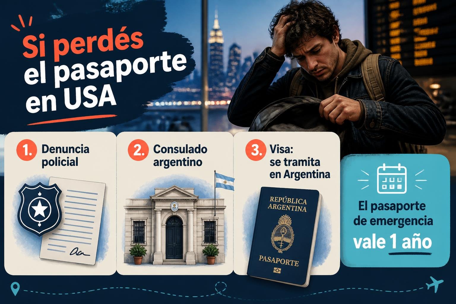 Infografía con el paso a paso resumido si perdés el pasaporte en Estados Unidos: denuncia, consulado y visa