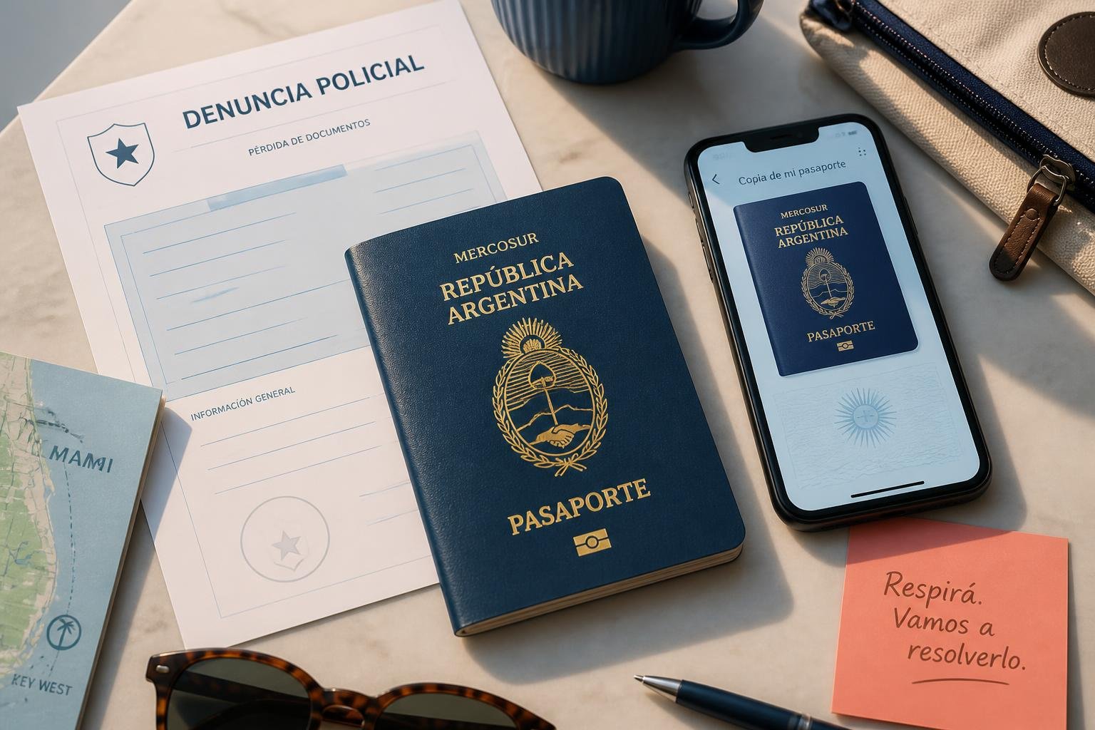 Ilustración de los documentos clave del trámite: la denuncia policial y el pasaporte de emergencia argentino