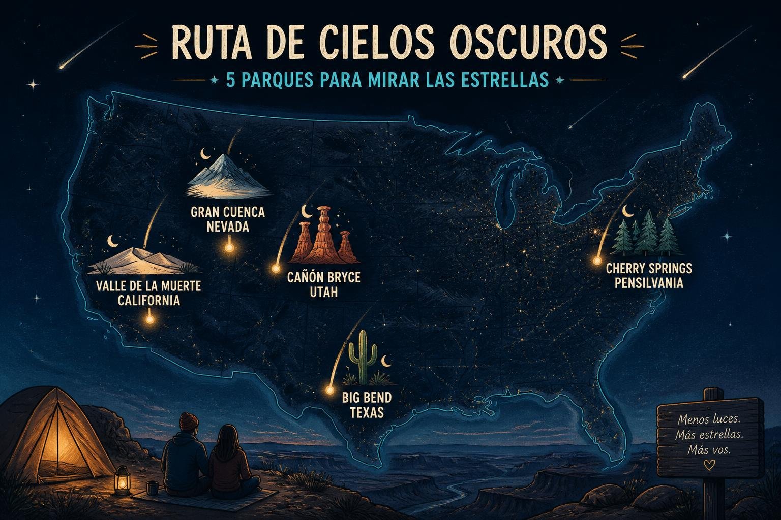 Mapa ilustrado de Estados Unidos con cinco parques de cielo oscuro marcados con puntos de luz —Big Bend, Death Valley, Great Basin, Bryce Canyon y Cherry Springs— sobre un fondo de tonos noche