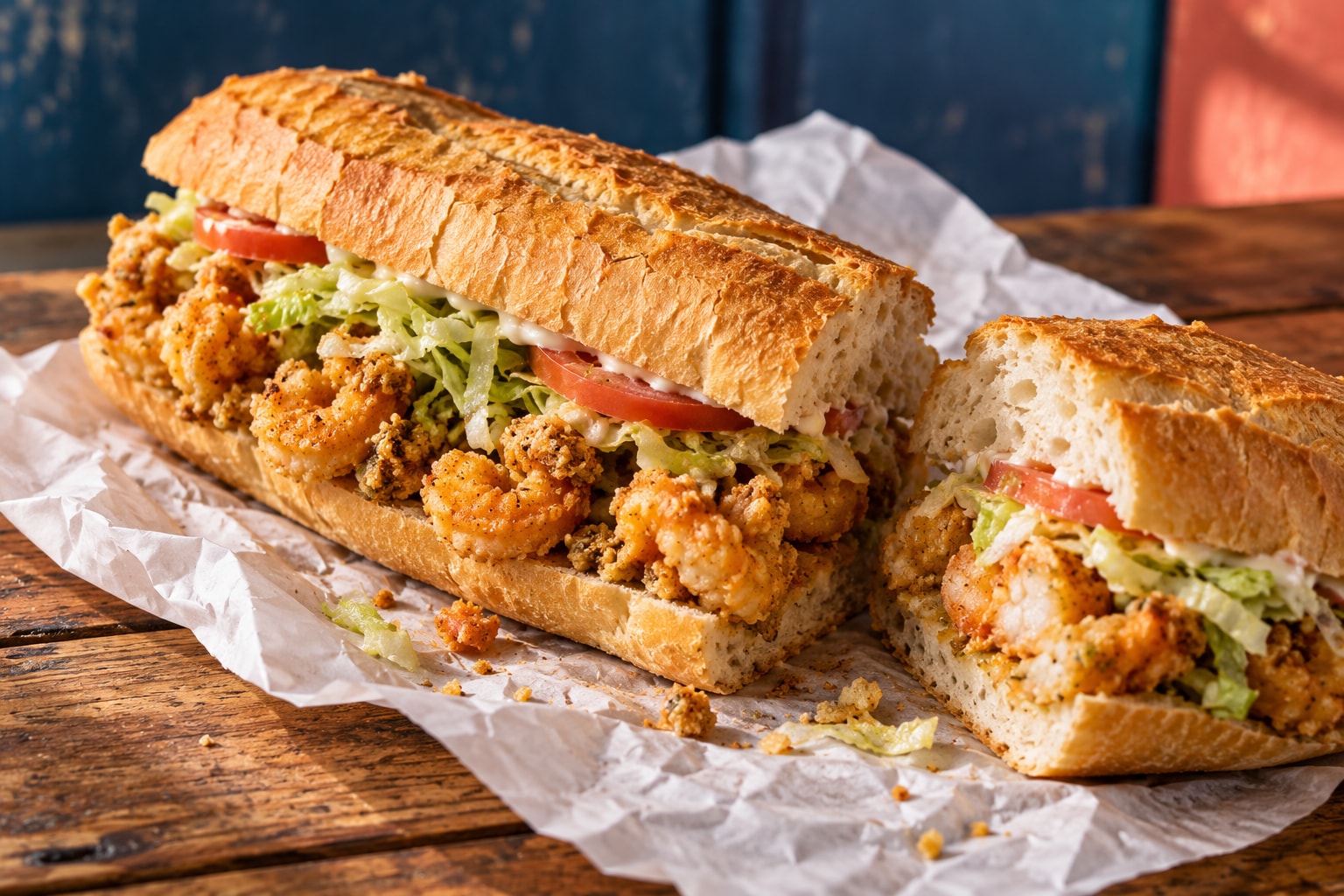 Imagen editorial generada de un po-boy de camarones fritos con lechuga y tomate sobre papel de cocina