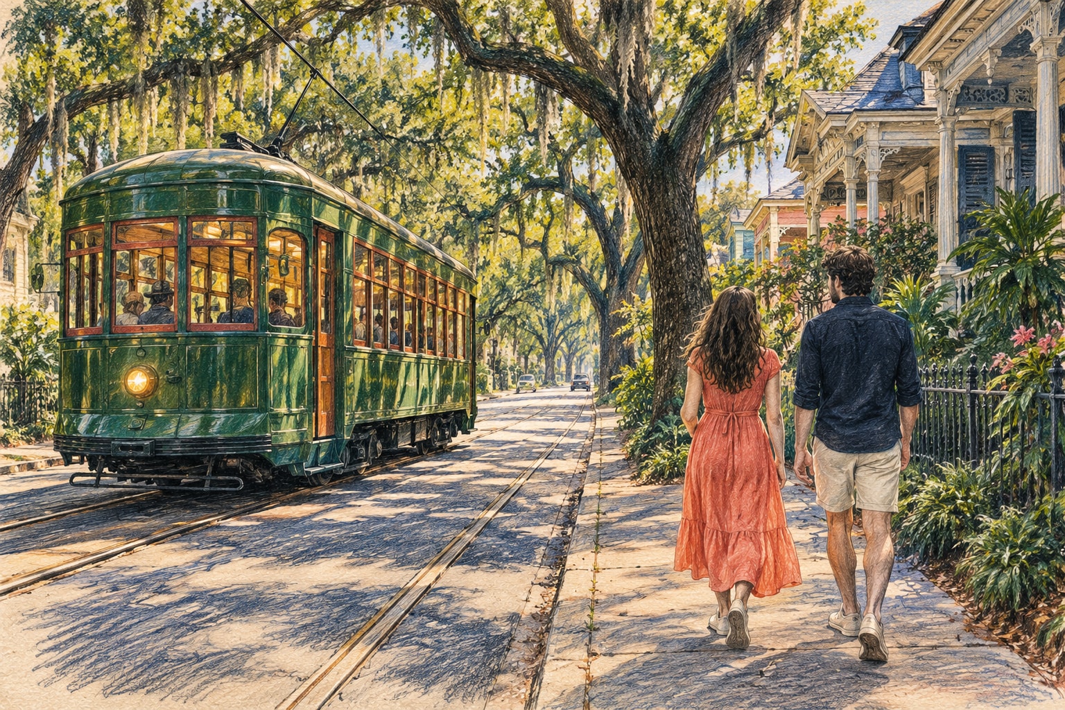 Ilustración a lápiz de un tranvía verde y viajeros caminando por una calle arbolada inspirada en Carrollton, Nueva Orleans