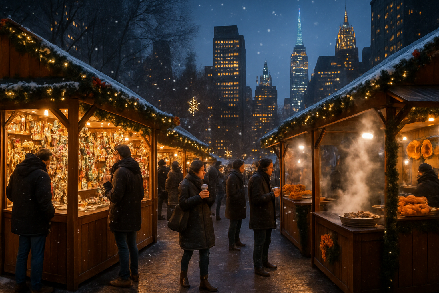 Encantador mercado navideño de Nueva York al atardecer con puestos de madera adornados con luces centelleantes, gente abrigada comprando regalos artesanales y tomando chocolate caliente, vendedores de castañas asadas con vapor, nieve cayendo suavemente, rascacielos decorados de fondo