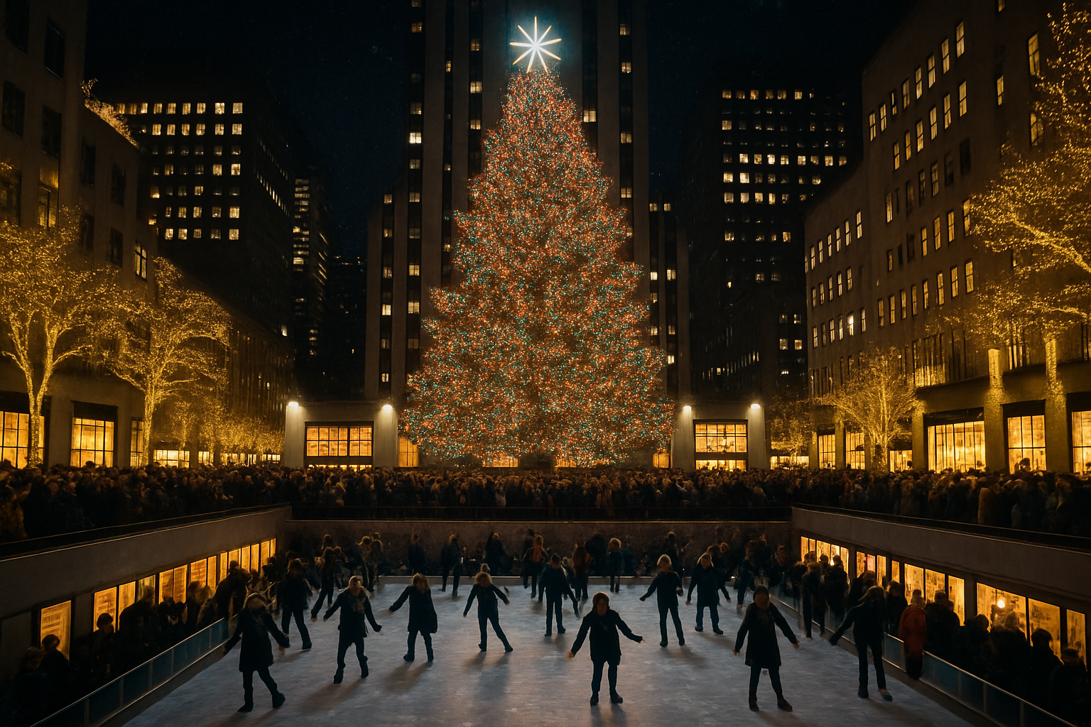 Árbol de Navidad del Rockefeller Center iluminado con miles de luces brillantes y estrella icónica en la cima, pista de patinaje sobre hielo con patinadores, multitudes festivas admirando el espectáculo, edificios circundantes decorados con luces doradas