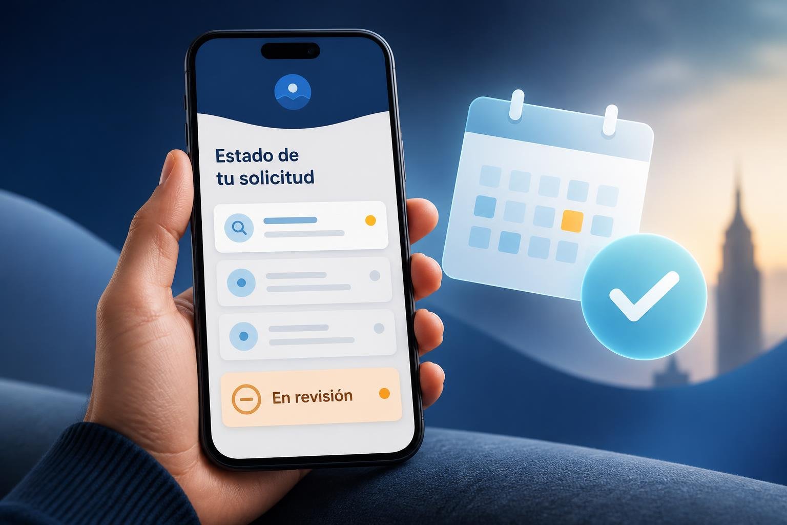 Ilustración travel-tech minimalista de una mano revisando en el celular el estado de una solicitud de visa, con tarjetas de estado abstractas y un calendario apenas sugerido