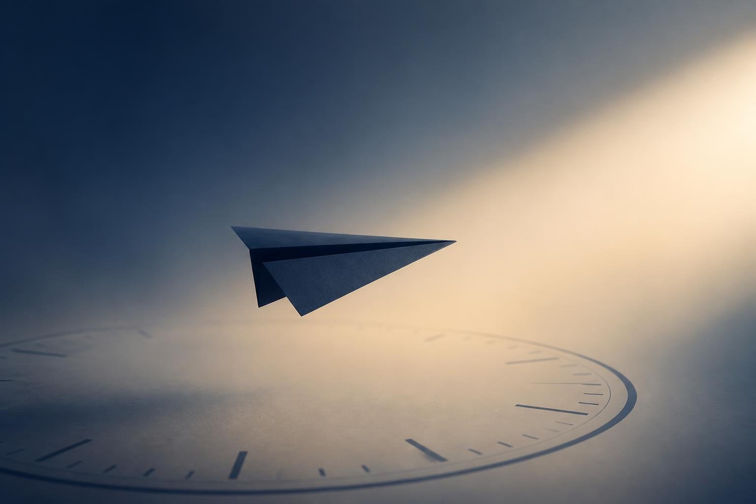 Ilustración conceptual minimalista de un pequeño avión de papel flotando sobre un reloj apenas insinuado, iluminado con suavidad, como metáfora de una decisión en pausa