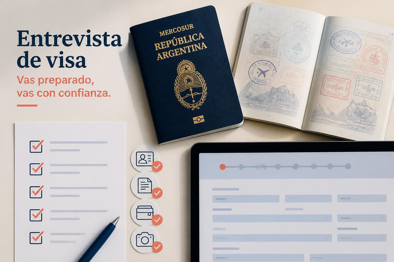 Ilustración flat vector premium de un escritorio ordenado con pasaporte, checklist y una pantalla de formulario, transmitiendo preparación y orden antes de la entrevista