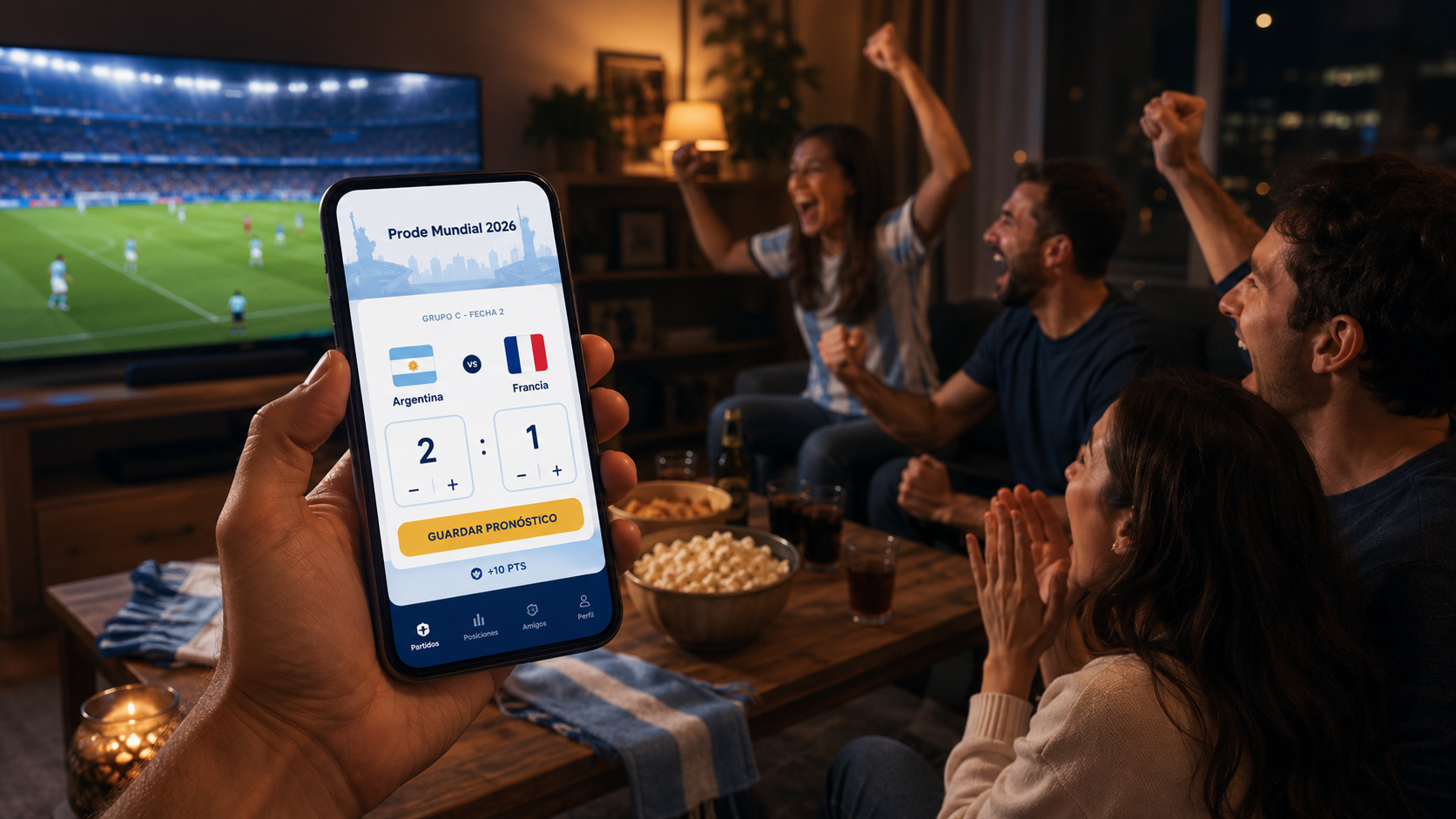 Grupo de amigos festejando un partido frente a la tele mientras uno sostiene el celular con el Prode del Mundial 2026 abierto