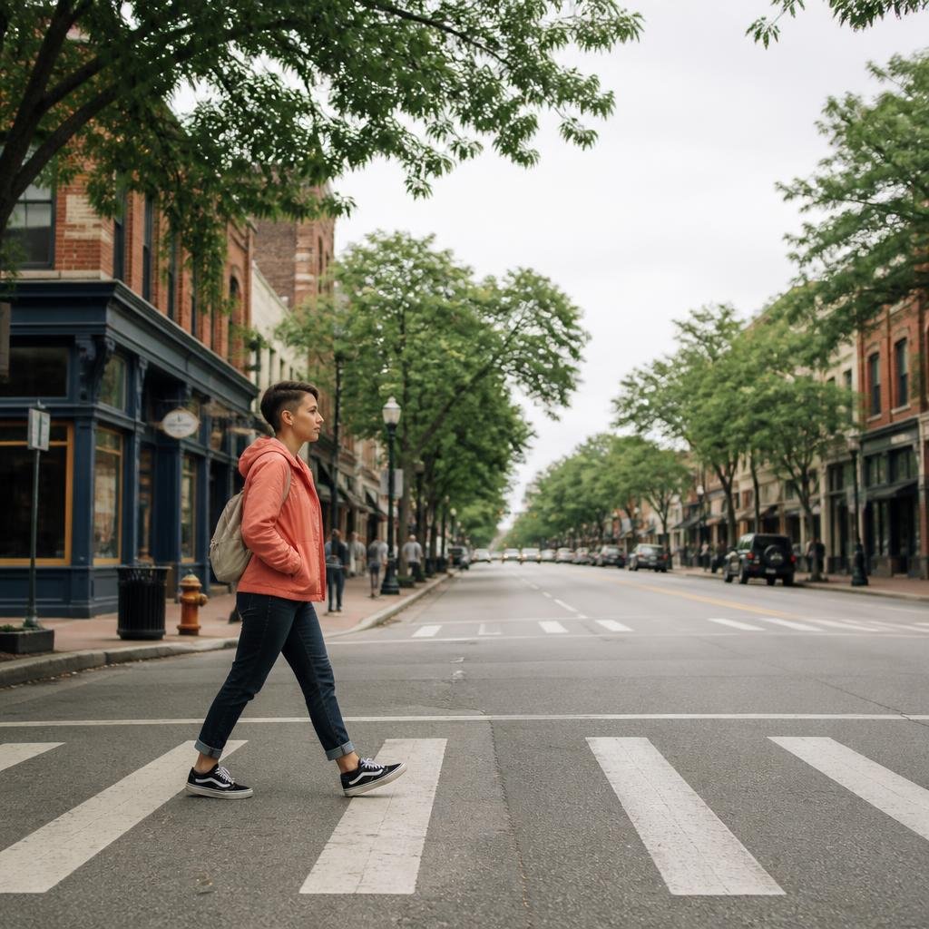 Viajera joven de campera coral cruzando una avenida arbolada de una ciudad estadounidense en un mediodía nublado y luminoso
