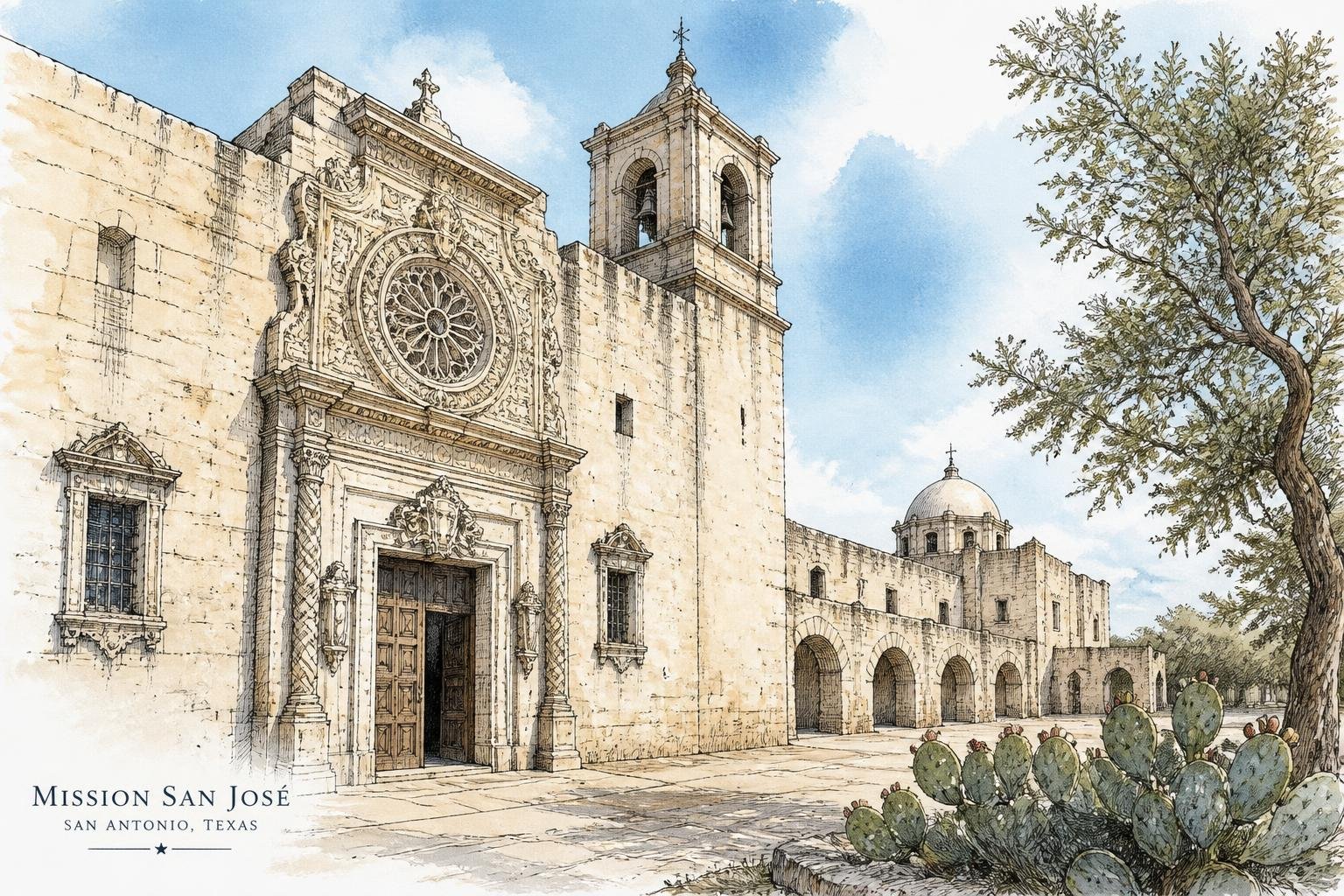 Ilustración a tinta y acuarela de la fachada de la Misión San José, con sus arcos de piedra y el rosetón tallado