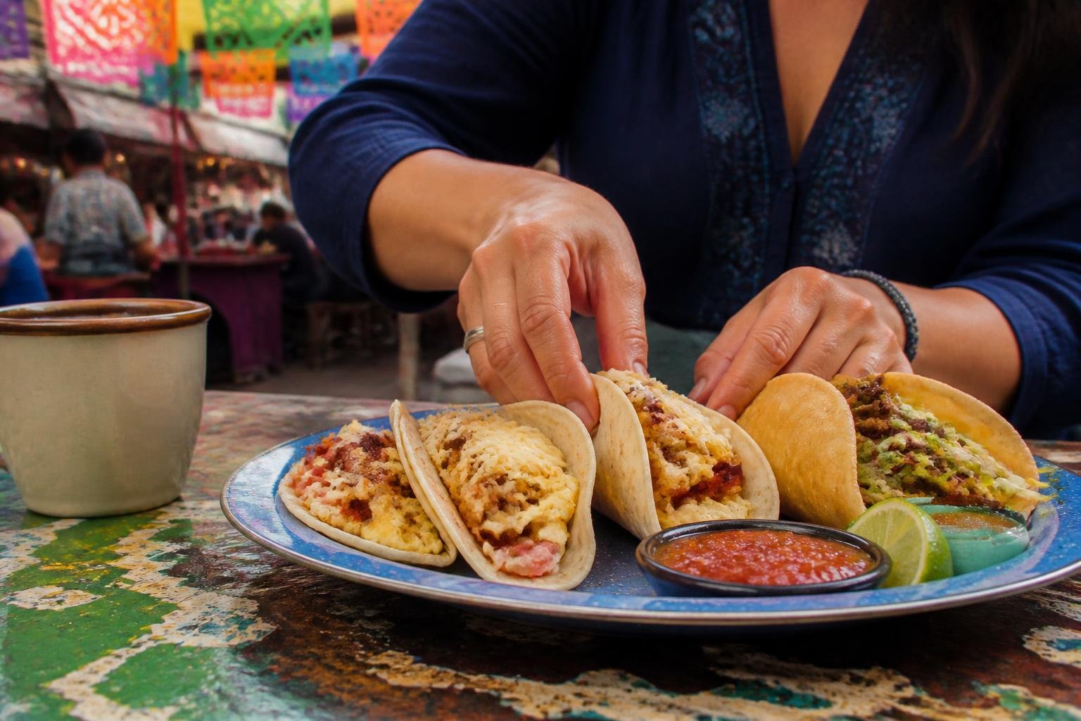 Un plato de tacos tex-mex sobre una mesa de un mercado colorido de San Antonio, con manos a punto de servirse