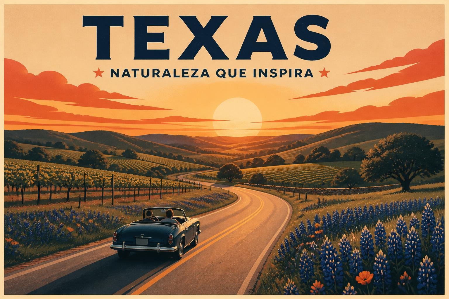 Póster de viaje retro del Hill Country de Texas: colinas onduladas, una ruta que se pierde en el horizonte y un cielo cálido de atardecer