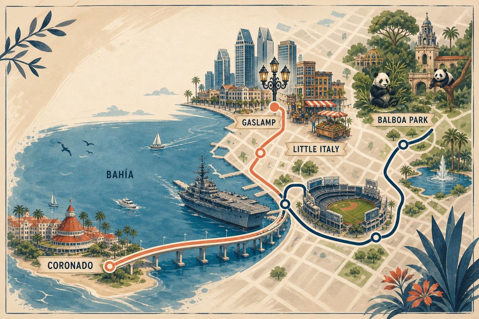 Mapa ilustrado de los barrios del centro de San Diego conectando Gaslamp Quarter, Little Italy, la bahía y Balboa Park