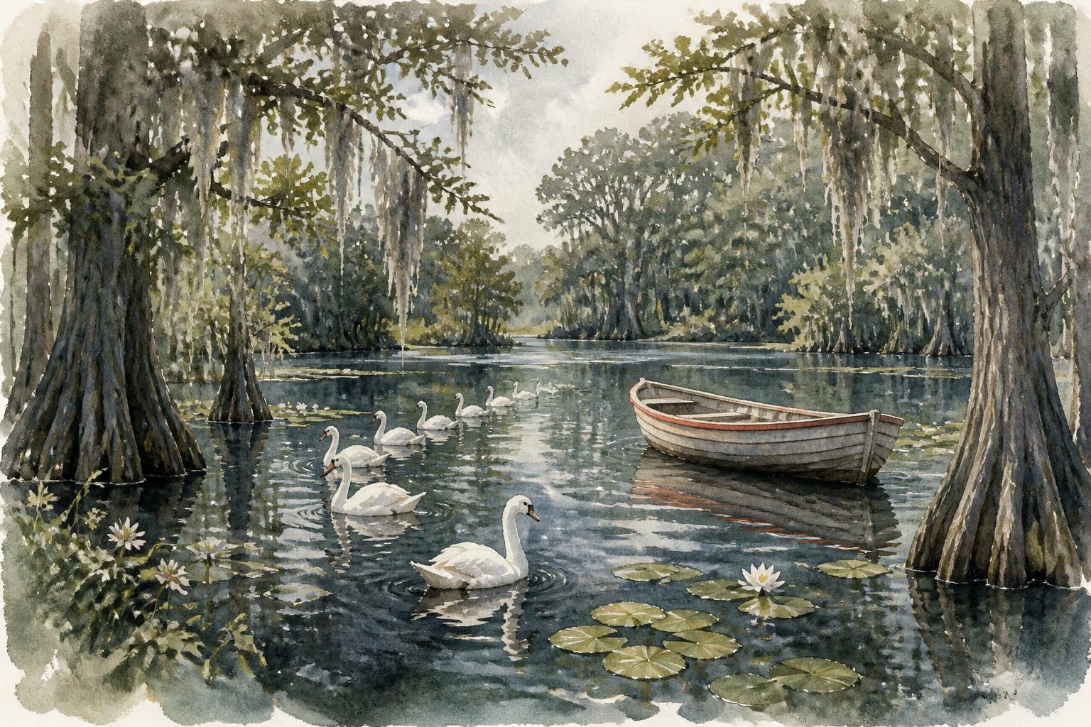 Acuarela de un bote de remos entre cisnes blancos en un jardín acuático de cipreses cerca de Charleston
