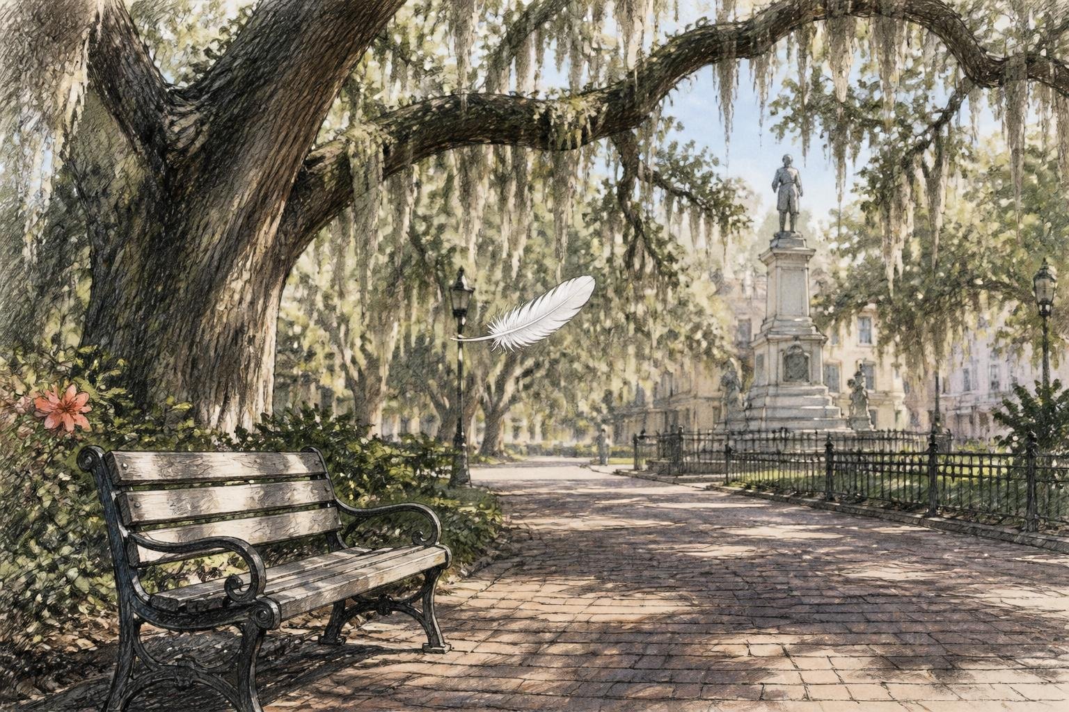Ilustración a lápiz y acuarela de un banco vacío en una plaza de Savannah, bajo robles con musgo español y una pluma blanca flotando en el aire