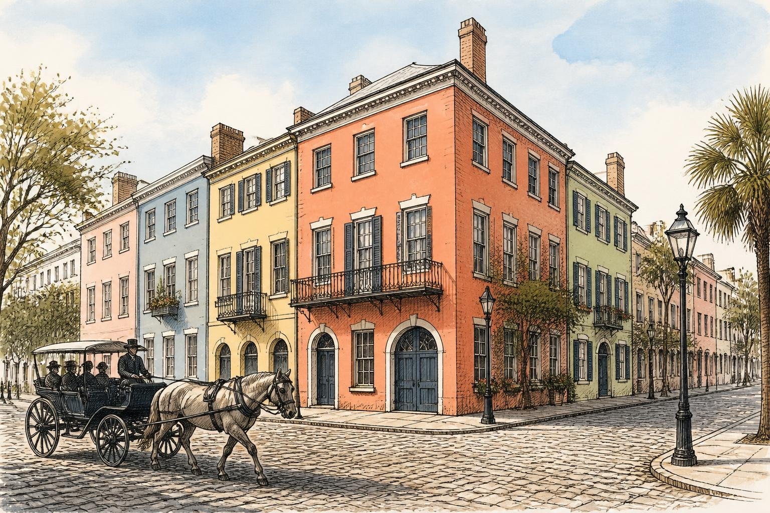 Render a tinta y acuarela de las casas de colores pastel de Rainbow Row en Charleston, con un carruaje a caballo pasando por la calle