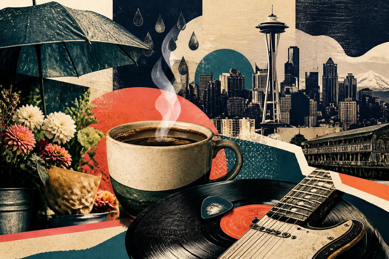 Collage editorial sobre la cultura de Seattle: café, vinilos, guitarra, lluvia y siluetas de la ciudad