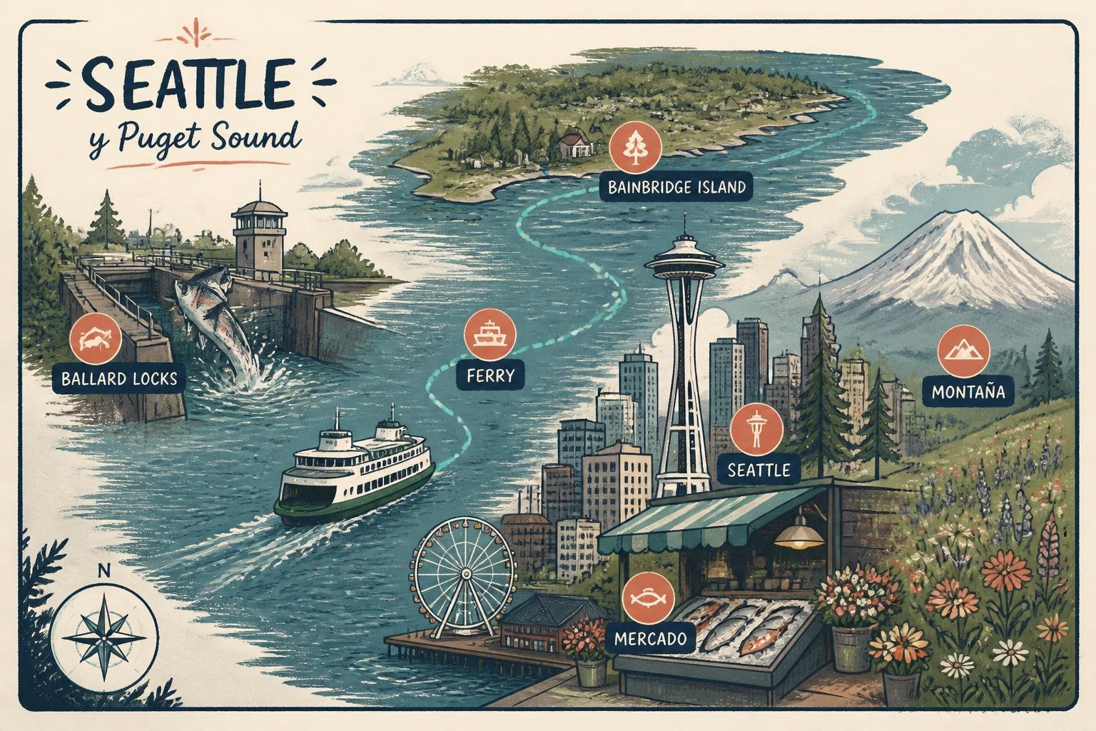 Mapa ilustrado de Seattle y el Puget Sound con las rutas de ferry, Bainbridge Island, Pike Place y el Mount Rainier