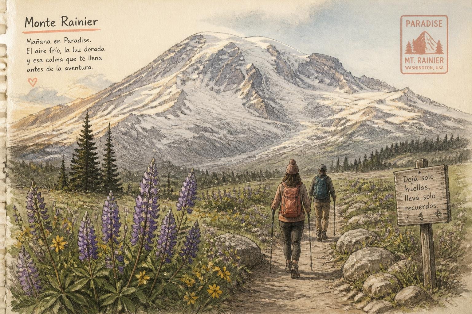 Ilustración a lápiz y acuarela del Mount Rainier con un prado de flores silvestres y dos personas caminando