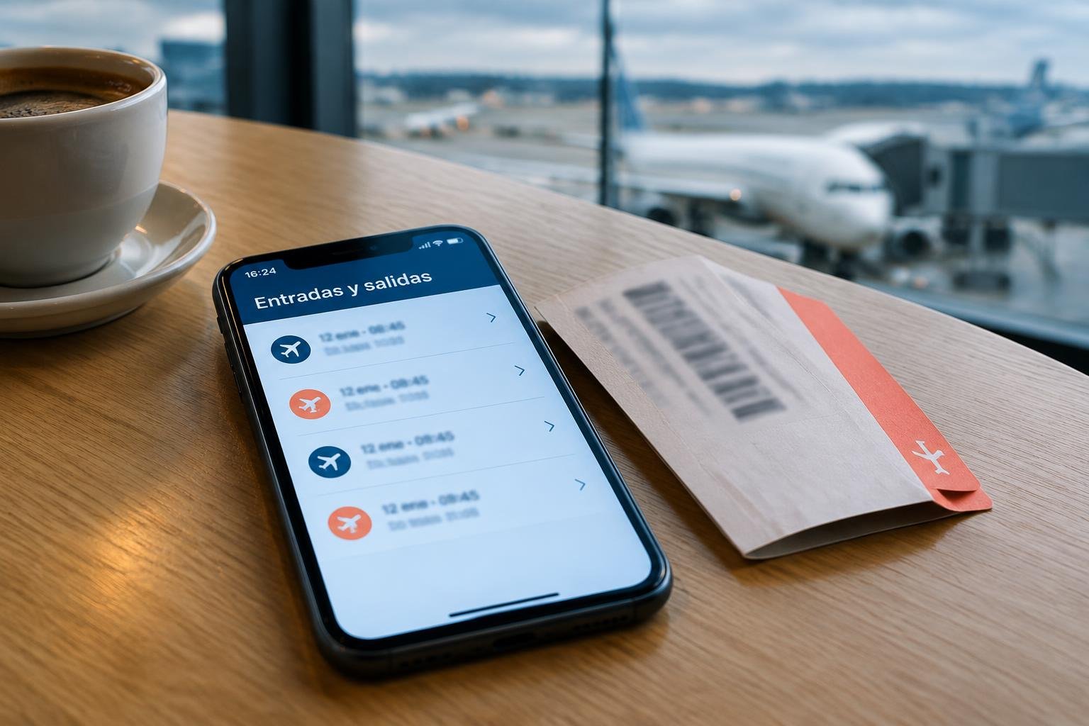 Celular con el historial de entradas y salidas del I-94 en pantalla junto a un boarding pass doblado sobre una mesa de café de aeropuerto