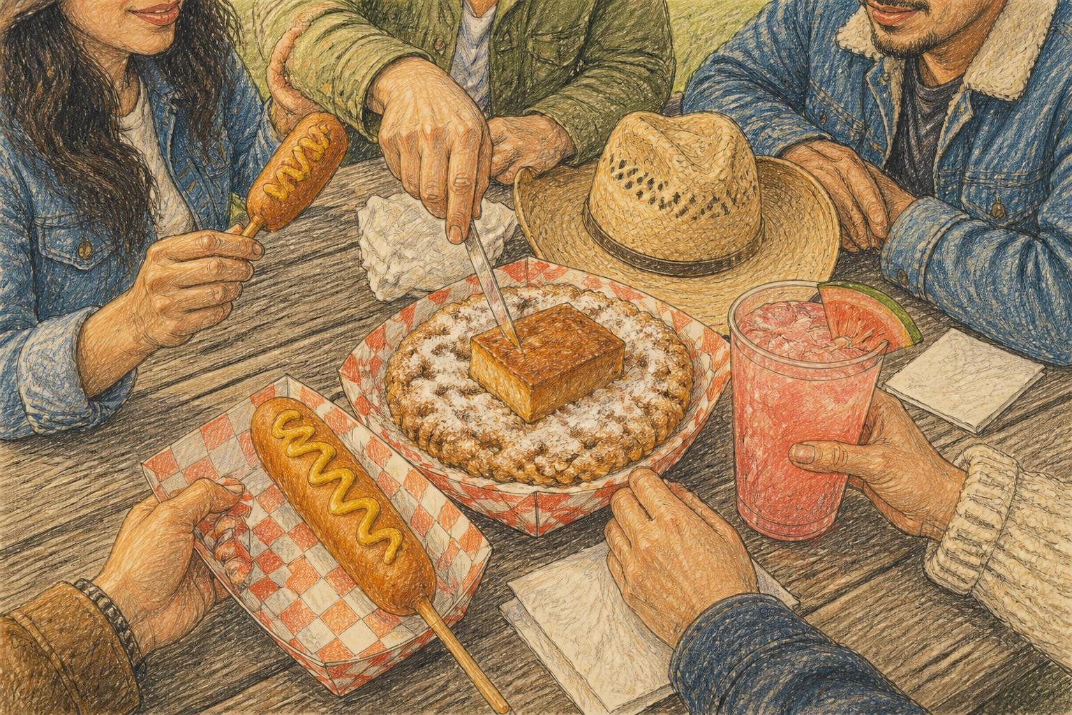 Ilustración a lápiz de color de una mesa de picnic de feria con corny dogs, un buñuelo con flan y un vaso de agua fresca, compartidos por un grupo de amigos
