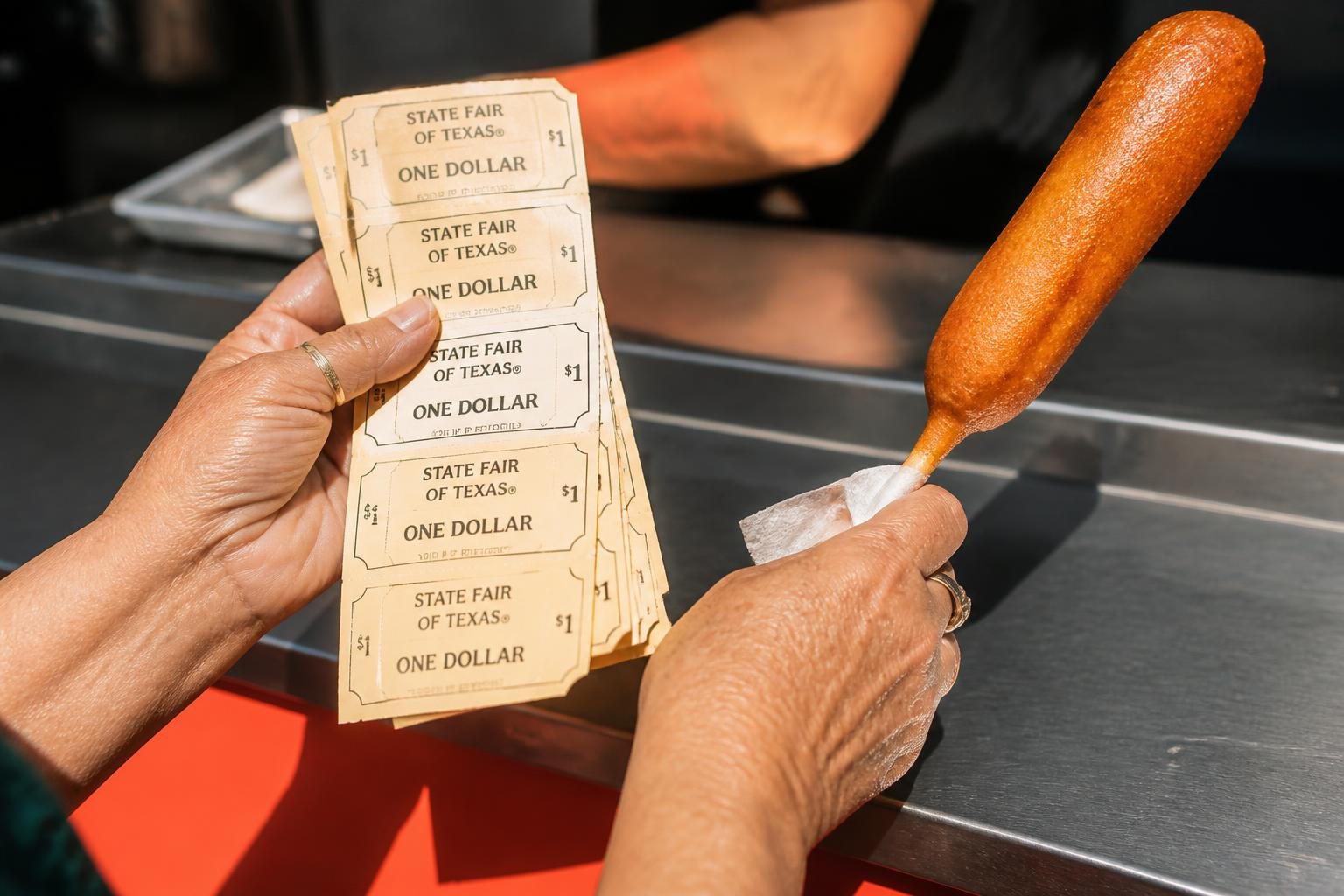 Manos de una mujer mayor sosteniendo una tira de cupones de papel junto a un corny dog recién frito en un puesto de la feria, a pleno sol del mediodía